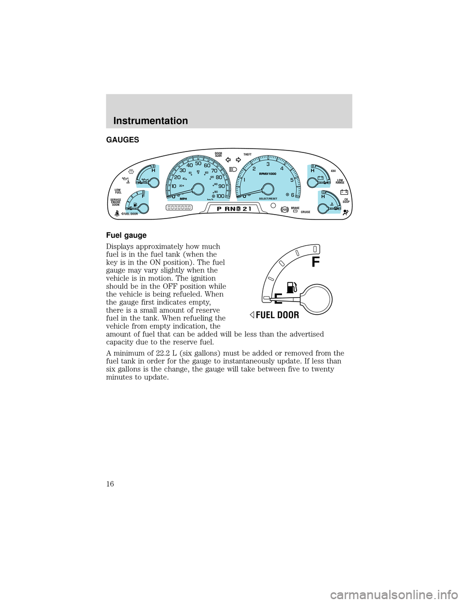 FORD EXPEDITION 2001 1.G User Guide GAUGES
Fuel gauge
Displays approximately how much
fuel is in the fuel tank (when the
key is in the ON position). The fuel
gauge may vary slightly when the
vehicle is in motion. The ignition
should be 