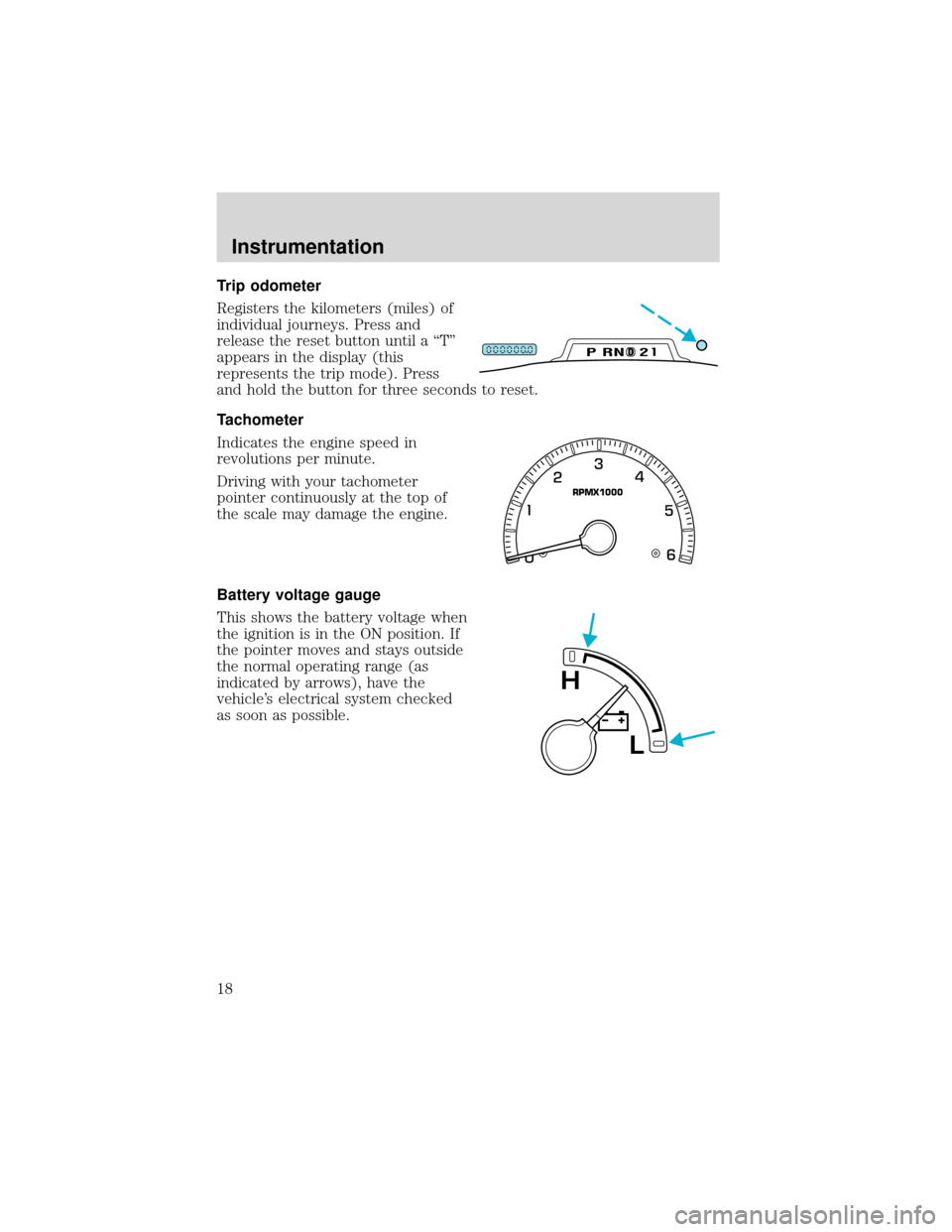 FORD EXPEDITION 2001 1.G User Guide Trip odometer
Registers the kilometers (miles) of
individual journeys. Press and
release the reset button until a“T”
appears in the display (this
represents the trip mode). Press
and hold the butt