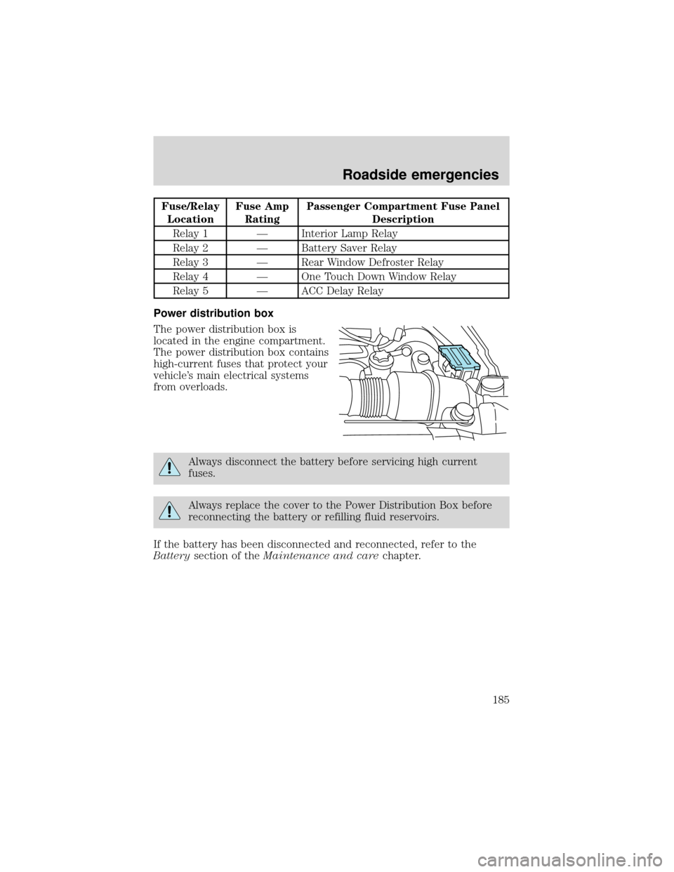FORD EXPEDITION 2001 1.G Owners Manual Fuse/Relay
LocationFuse Amp
RatingPassenger Compartment Fuse Panel
Description
Relay 1—Interior Lamp Relay
Relay 2—Battery Saver Relay
Relay 3—Rear Window Defroster Relay
Relay 4—One Touch Dow