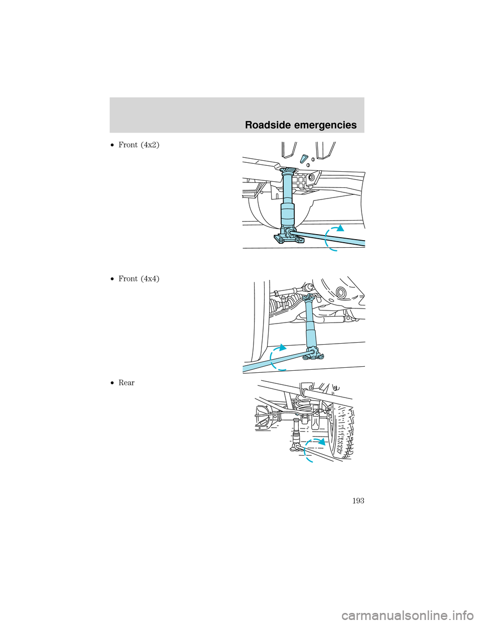 FORD EXPEDITION 2001 1.G Owners Manual •Front (4x2)
•Front (4x4)
•Rear
Roadside emergencies
193 