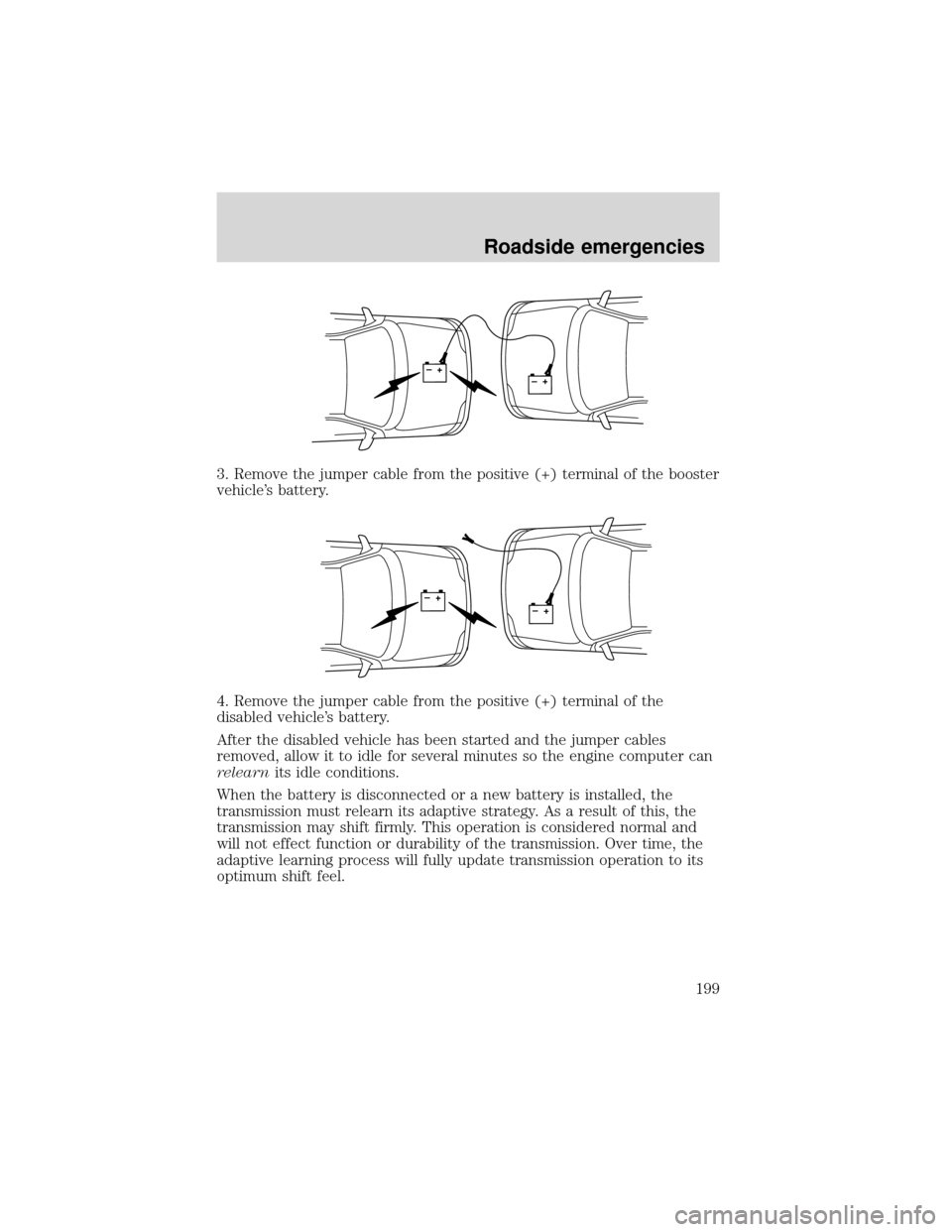 FORD EXPEDITION 2001 1.G Owners Manual 3. Remove the jumper cable from the positive (+) terminal of the booster
vehicle’s battery.
4. Remove the jumper cable from the positive (+) terminal of the
disabled vehicle’s battery.
After the d