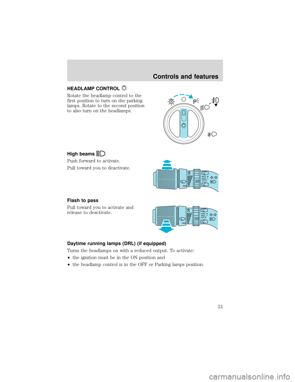 FORD EXPEDITION 2001 1.G Owners Manual HEADLAMP CONTROL
Rotate the headlamp control to the
first position to turn on the parking
lamps. Rotate to the second position
to also turn on the headlamps.
High beams
Push forward to activate.
Pull 
