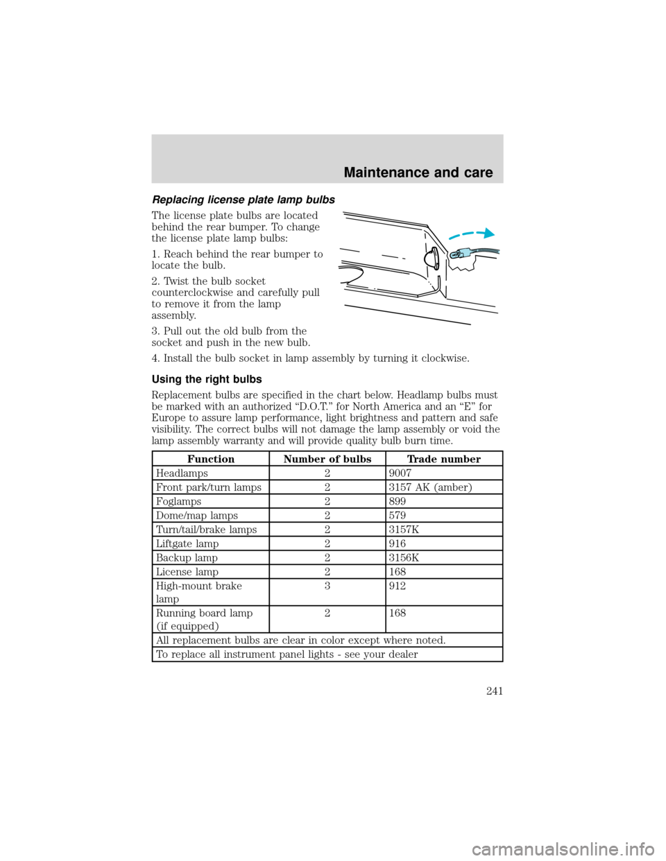 FORD EXPEDITION 2001 1.G Owners Manual Replacing license plate lamp bulbs
The license plate bulbs are located
behind the rear bumper. To change
the license plate lamp bulbs:
1. Reach behind the rear bumper to
locate the bulb.
2. Twist the 