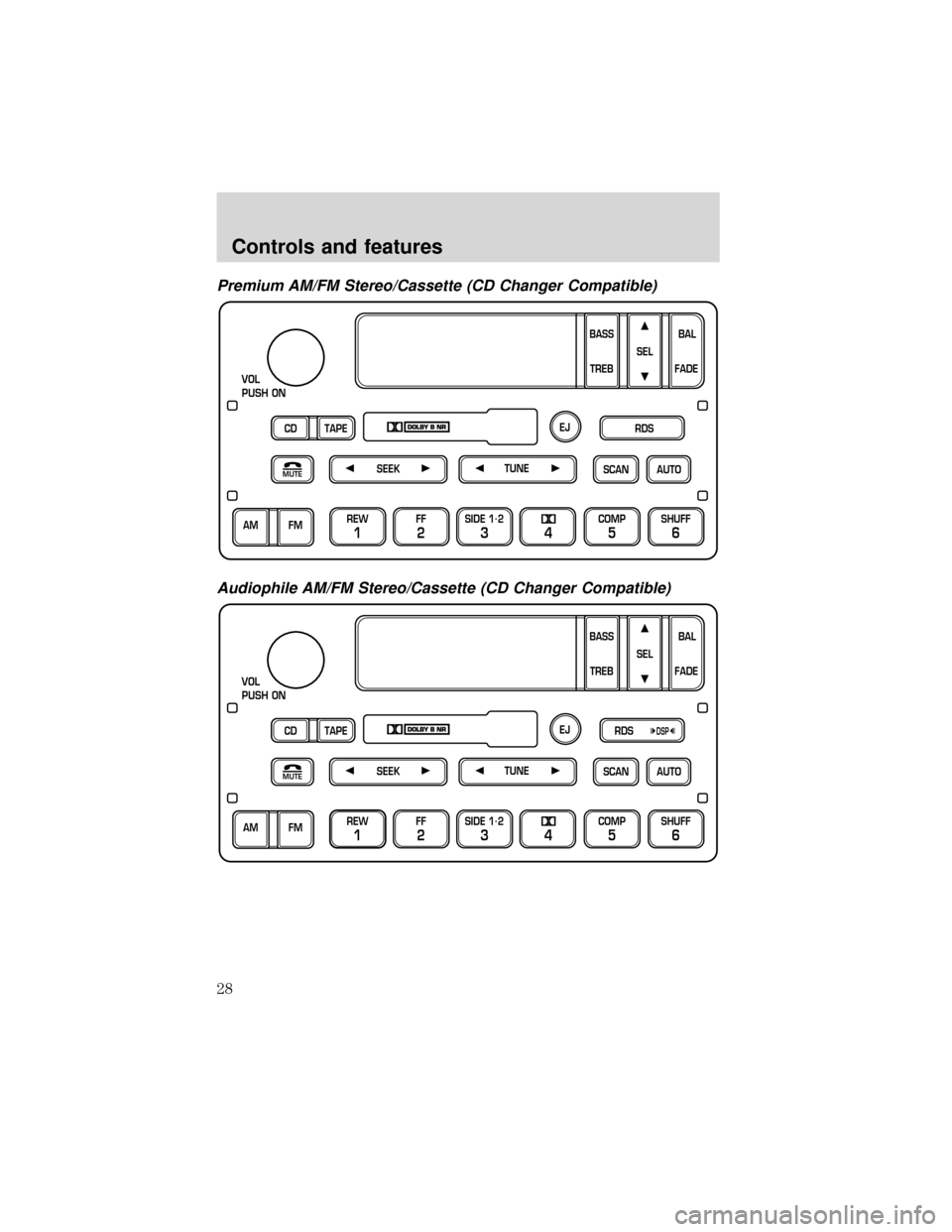 FORD EXPEDITION 2001 1.G Owners Manual Premium AM/FM Stereo/Cassette (CD Changer Compatible)
Audiophile AM/FM Stereo/Cassette (CD Changer Compatible)
SCAN
VOL
PUSH ON
REW
1
FF
2
SIDE 1.
2
34
COMP
5
SHUFF
6
AUTO TUNE
SEEK
SEL
BAL
FADE
MUTE
