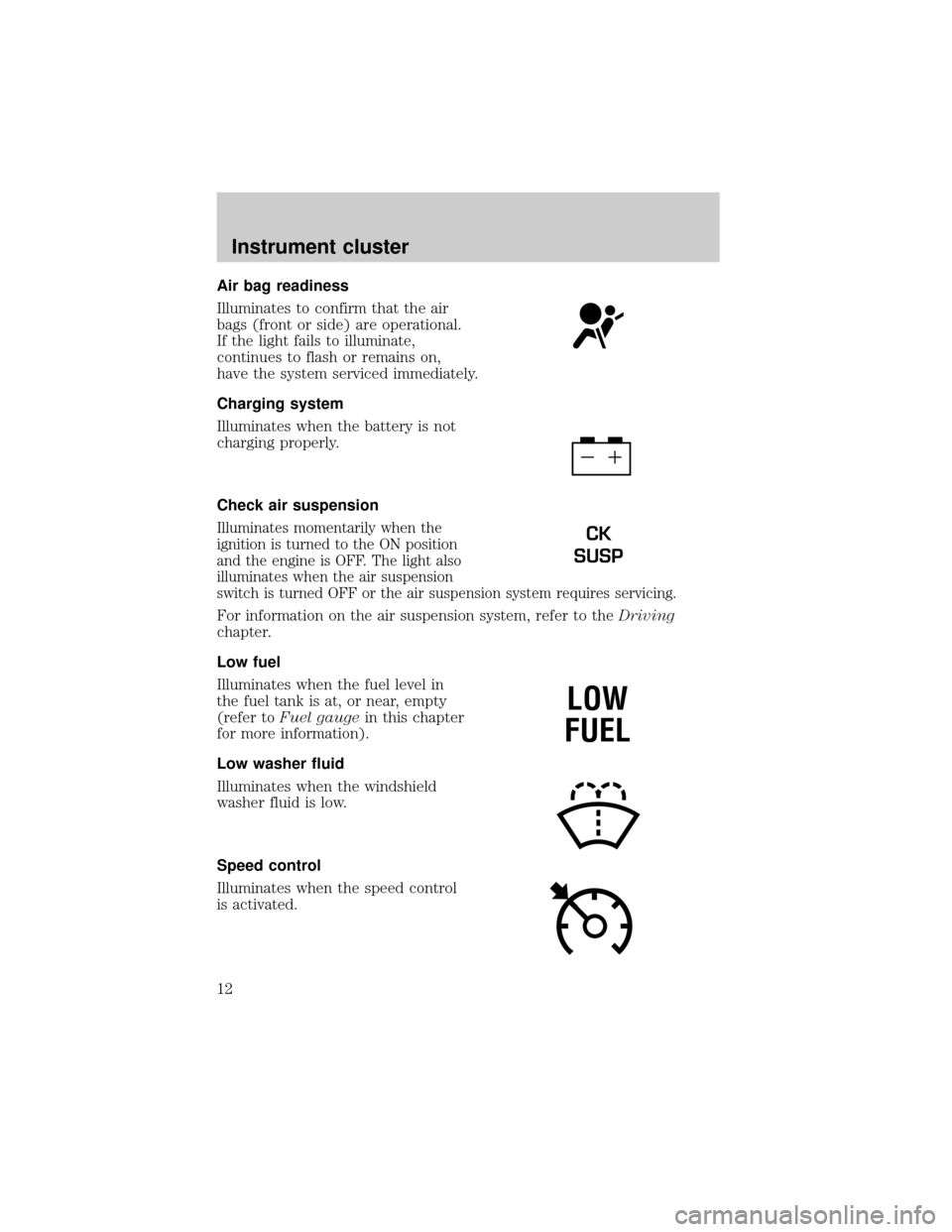 FORD EXPEDITION 2002 1.G User Guide Air bag readiness
Illuminates to confirm that the air
bags (front or side) are operational.
If the light fails to illuminate,
continues to flash or remains on,
have the system serviced immediately.
Ch FORD EXPEDITION 2002 1.G User Guide Air bag readiness
Illuminates to confirm that the air
bags (front or side) are operational.
If the light fails to illuminate,
continues to flash or remains on,
have the system serviced immediately.
Ch