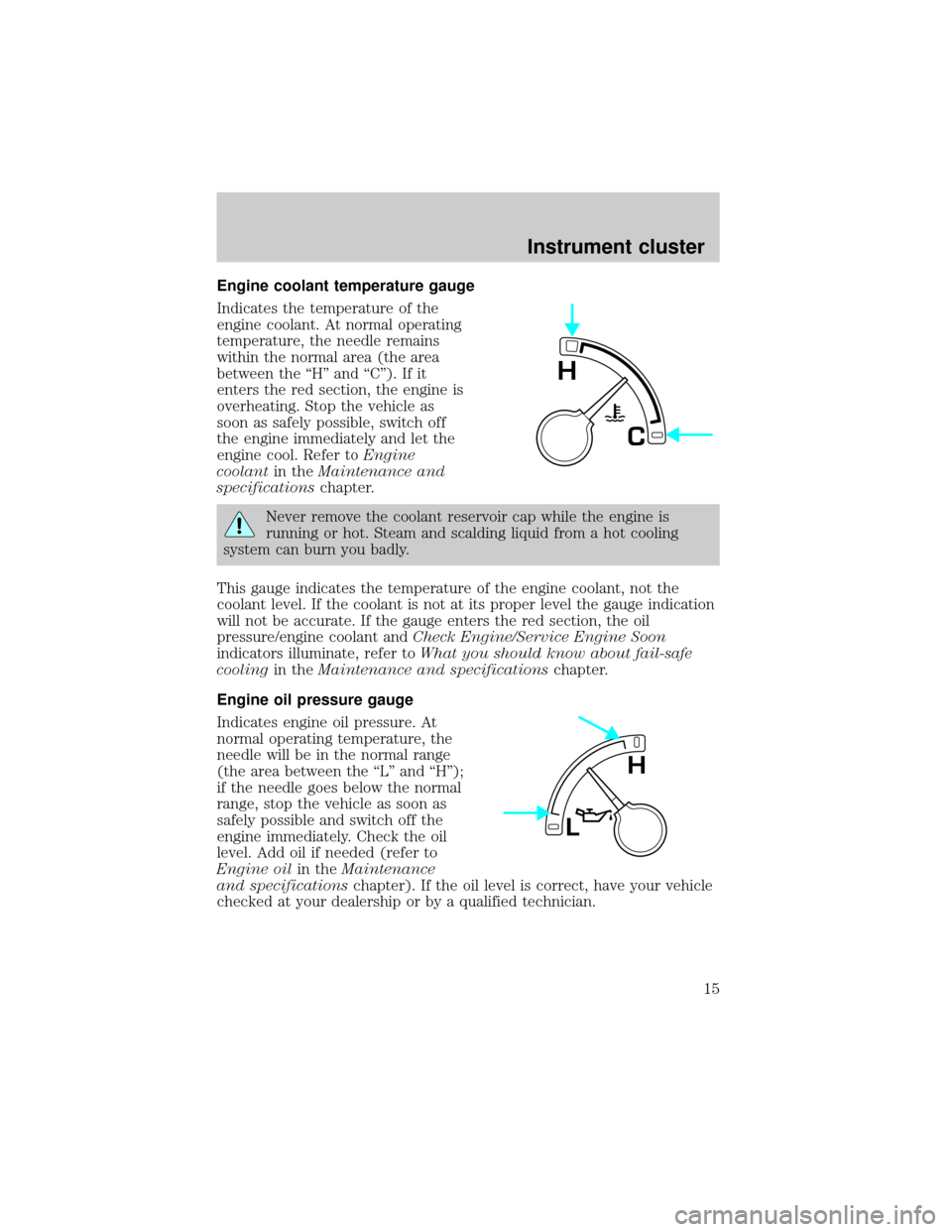 FORD EXPEDITION 2002 1.G Owners Manual Engine coolant temperature gauge
Indicates the temperature of the
engine coolant. At normal operating
temperature, the needle remains
within the normal area (the area
between the ªHº and ªCº). If 