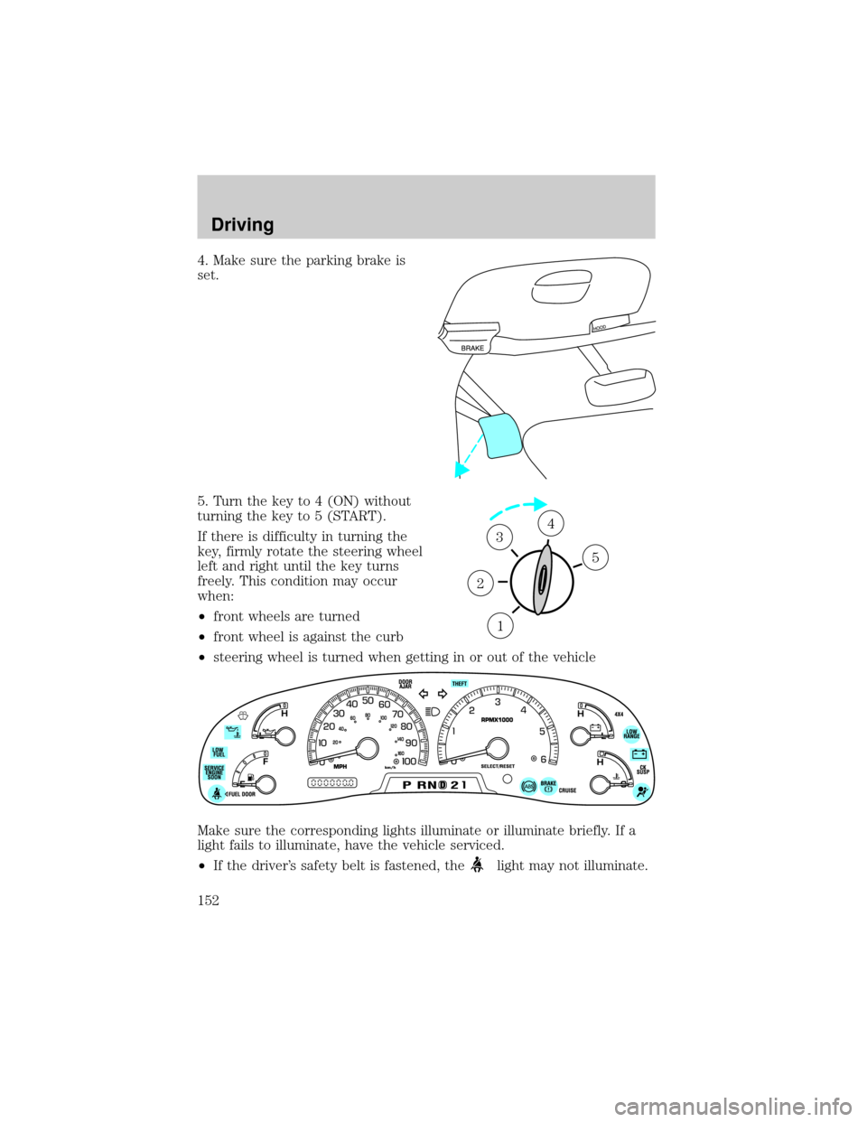 FORD EXPEDITION 2002 1.G Owners Manual 4. Make sure the parking brake is
set.
5. Turn the key to 4 (ON) without
turning the key to 5 (START).
If there is difficulty in turning the
key, firmly rotate the steering wheel
left and right until FORD EXPEDITION 2002 1.G Owners Manual 4. Make sure the parking brake is
set.
5. Turn the key to 4 (ON) without
turning the key to 5 (START).
If there is difficulty in turning the
key, firmly rotate the steering wheel
left and right until
