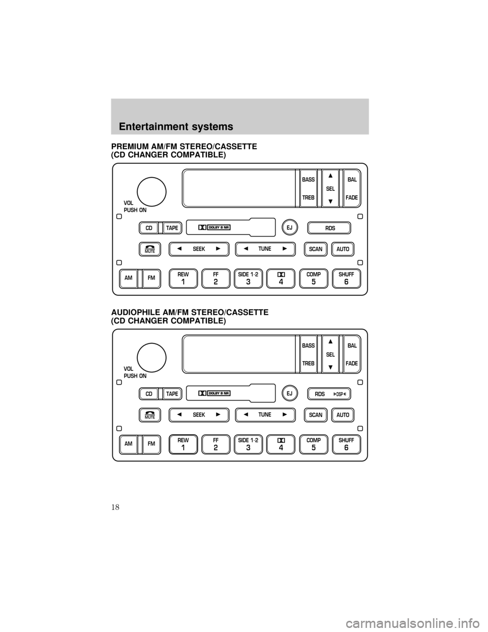 FORD EXPEDITION 2002 1.G User Guide PREMIUM AM/FM STEREO/CASSETTE
(CD CHANGER COMPATIBLE)
AUDIOPHILE AM/FM STEREO/CASSETTE
(CD CHANGER COMPATIBLE)
SCAN
VOL
PUSH ON
REW
1
FF
2
SIDE 1.
2
34
COMP
5
SHUFF
6
AUTO TUNE
SEEK
SEL
BAL
FADE
MUTE
FORD EXPEDITION 2002 1.G User Guide PREMIUM AM/FM STEREO/CASSETTE
(CD CHANGER COMPATIBLE)
AUDIOPHILE AM/FM STEREO/CASSETTE
(CD CHANGER COMPATIBLE)
SCAN
VOL
PUSH ON
REW
1
FF
2
SIDE 1.
2
34
COMP
5
SHUFF
6
AUTO TUNE
SEEK
SEL
BAL
FADE
MUTE