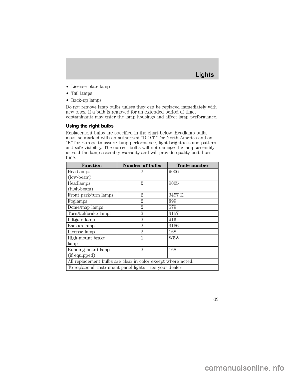 FORD EXPEDITION 2002 1.G Owners Manual ²License plate lamp
²Tail lamps
²Back-up lamps
Do not remove lamp bulbs unless they can be replaced immediately with
new ones. If a bulb is removed for an extended period of time,
contaminants may FORD EXPEDITION 2002 1.G Owners Manual ²License plate lamp
²Tail lamps
²Back-up lamps
Do not remove lamp bulbs unless they can be replaced immediately with
new ones. If a bulb is removed for an extended period of time,
contaminants may