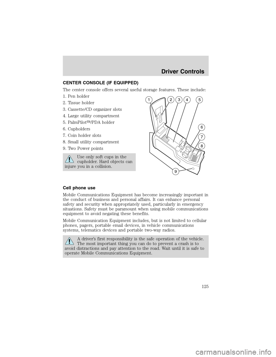 FORD EXPEDITION 2003 2.G Owners Manual CENTER CONSOLE (IF EQUIPPED)
The center console offers several useful storage features. These include:
1. Pen holder
2. Tissue holder
3. Cassette/CD organizer slots
4. Large utility compartment
5. Pal