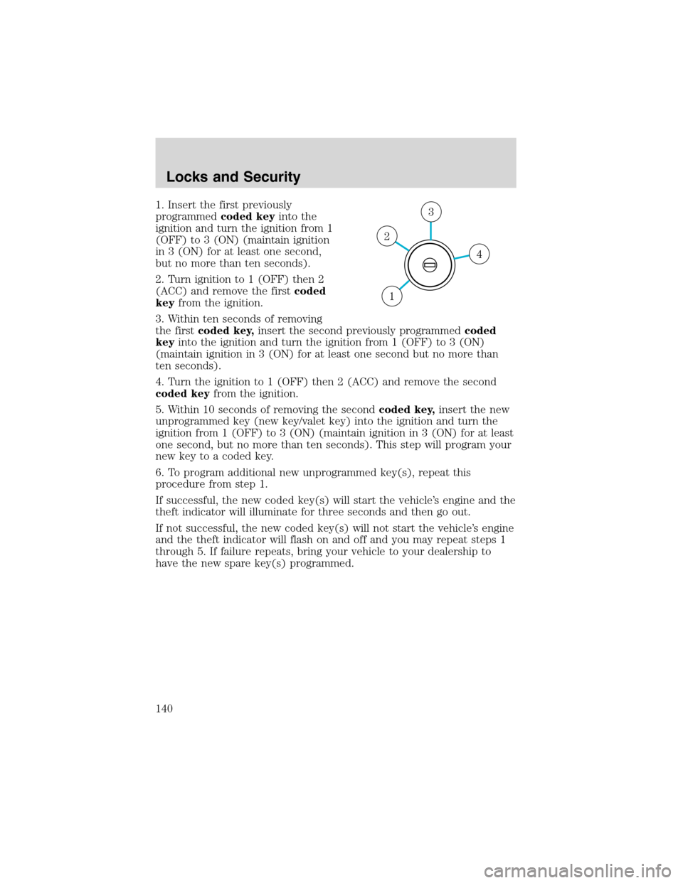 FORD EXPEDITION 2003 2.G Owners Manual 1. Insert the first previously
programmedcoded keyinto the
ignition and turn the ignition from 1
(OFF) to 3 (ON) (maintain ignition
in 3 (ON) for at least one second,
but no more than ten seconds).
2.