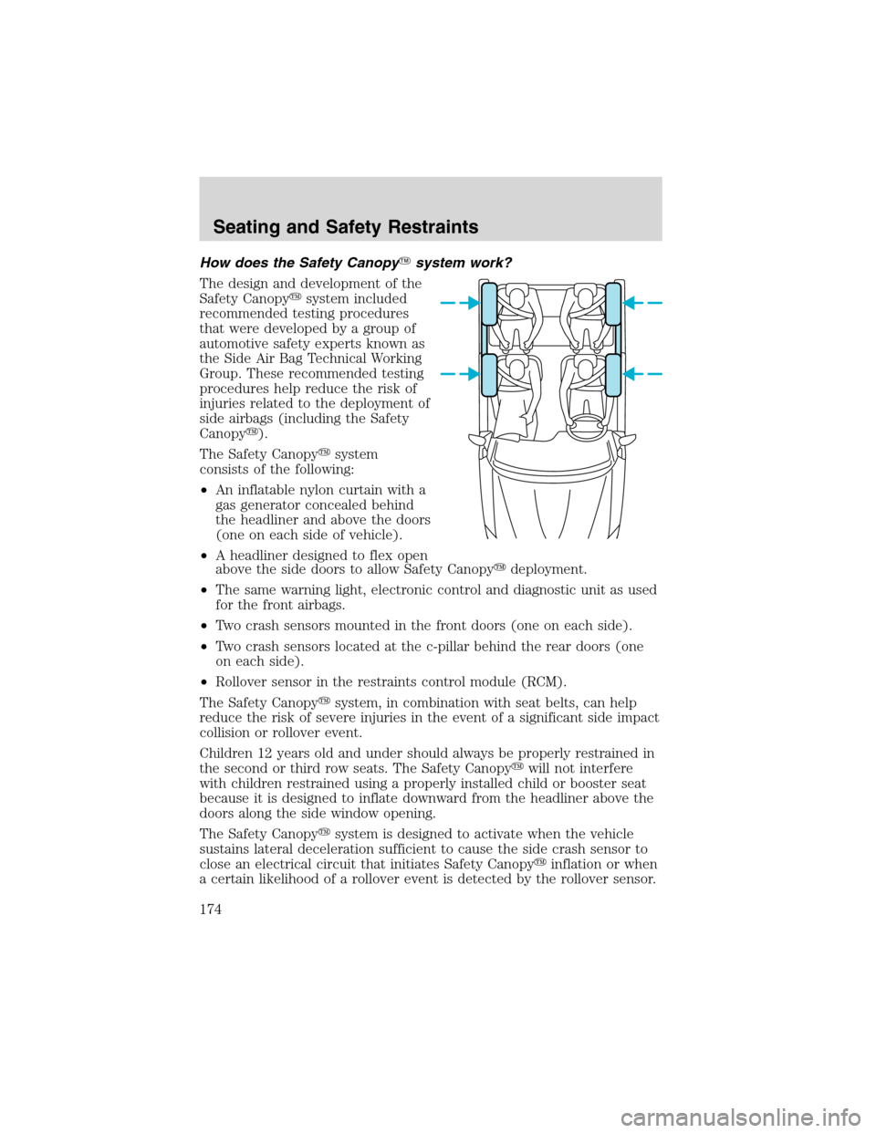 FORD EXPEDITION 2003 2.G Owners Manual How does the Safety Canopysystem work?
The design and development of the
Safety Canopysystem included
recommended testing procedures
that were developed by a group of
automotive safety experts known