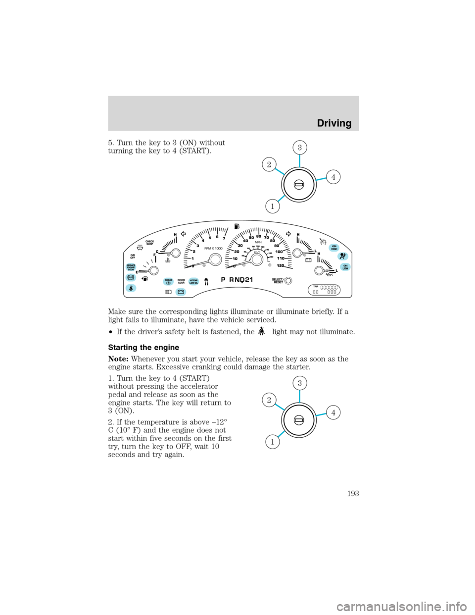 FORD EXPEDITION 2003 2.G Owners Manual 5. Turn the key to 3 (ON) without
turning the key to 4 (START).
Make sure the corresponding lights illuminate or illuminate briefly. If a
light fails to illuminate, have the vehicle serviced.
•If th