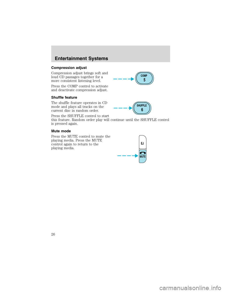 FORD EXPEDITION 2003 2.G Owners Manual Compression adjust
Compression adjust brings soft and
loud CD passages together for a
more consistent listening level.
Press the COMP control to activate
and deactivate compression adjust.
Shuffle fea