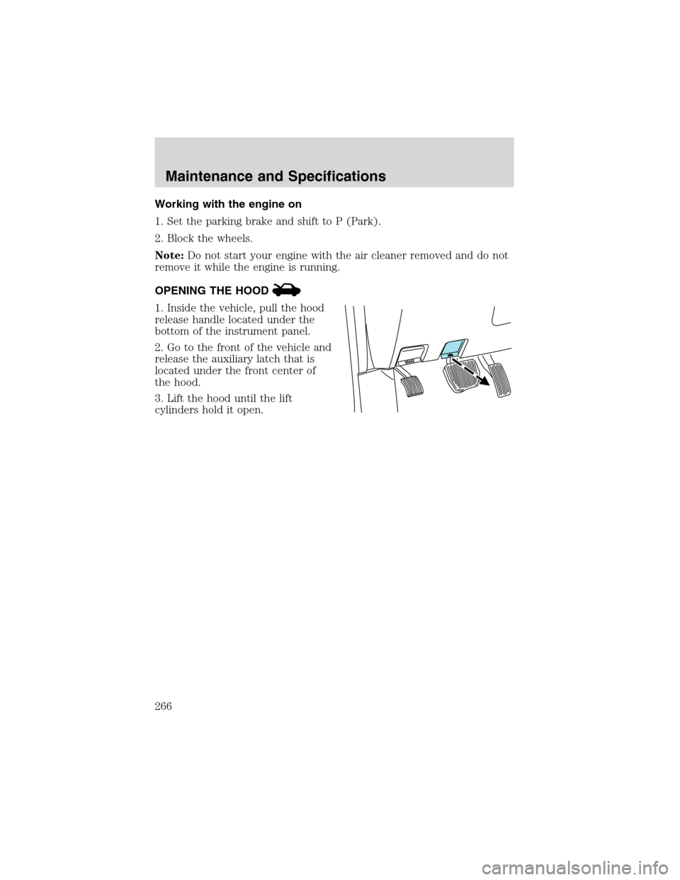 FORD EXPEDITION 2003 2.G Owners Manual Working with the engine on
1. Set the parking brake and shift to P (Park).
2. Block the wheels.
Note:Do not start your engine with the air cleaner removed and do not
remove it while the engine is runn