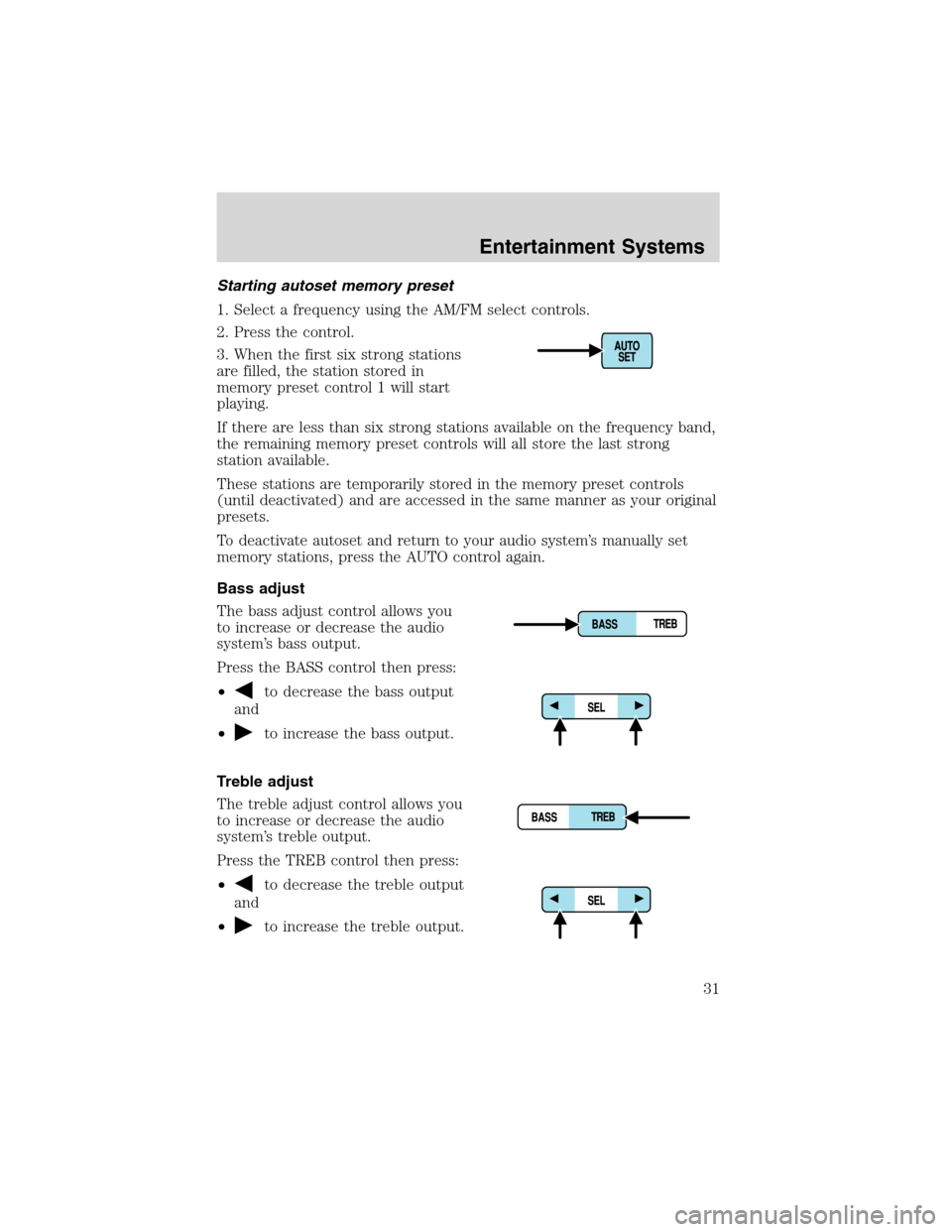 FORD EXPEDITION 2003 2.G Owners Manual Starting autoset memory preset
1. Select a frequency using the AM/FM select controls.
2. Press the control.
3. When the first six strong stations
are filled, the station stored in
memory preset contro