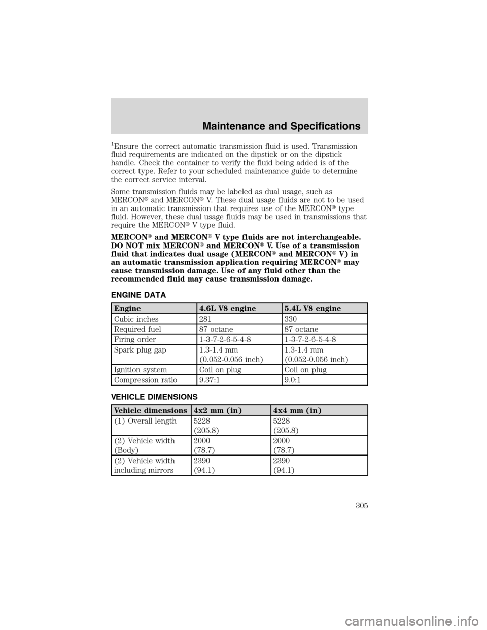 FORD EXPEDITION 2003 2.G Owners Manual 1Ensure the correct automatic transmission fluid is used. Transmission
fluid requirements are indicated on the dipstick or on the dipstick
handle. Check the container to verify the fluid being added i
