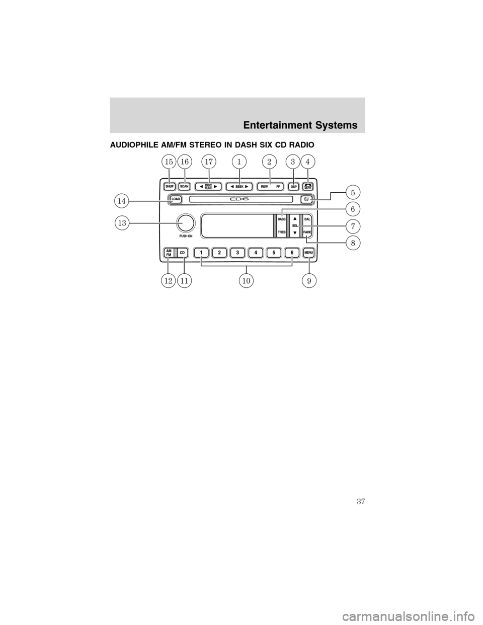 FORD EXPEDITION 2003 2.G Owners Guide AUDIOPHILE AM/FM STEREO IN DASH SIX CD RADIO
Entertainment Systems
37 