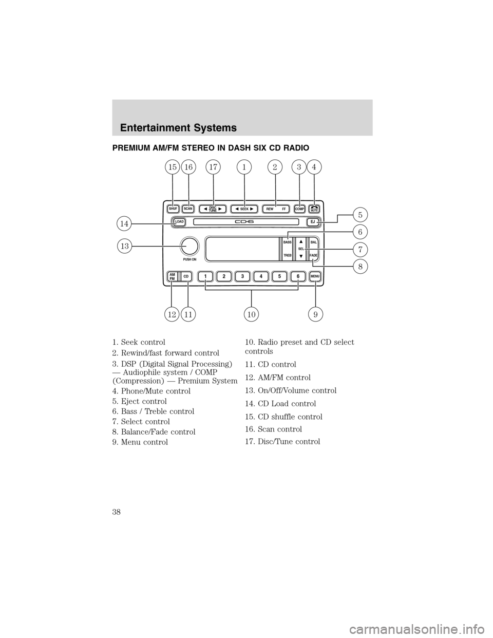 FORD EXPEDITION 2003 2.G Owners Guide PREMIUM AM/FM STEREO IN DASH SIX CD RADIO
1. Seek control
2. Rewind/fast forward control
3. DSP (Digital Signal Processing)
—Audiophile system / COMP
(Compression)—Premium System
4. Phone/Mute con