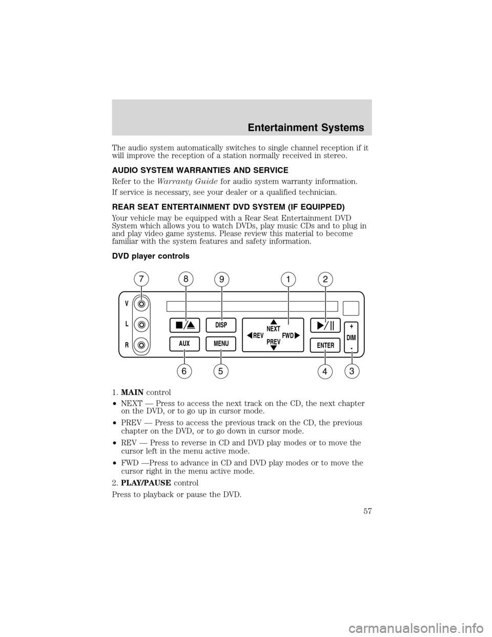 FORD EXPEDITION 2003 2.G Workshop Manual The audio system automatically switches to single channel reception if it
will improve the reception of a station normally received in stereo.
AUDIO SYSTEM WARRANTIES AND SERVICE
Refer to theWarranty FORD EXPEDITION 2003 2.G Workshop Manual The audio system automatically switches to single channel reception if it
will improve the reception of a station normally received in stereo.
AUDIO SYSTEM WARRANTIES AND SERVICE
Refer to theWarranty
