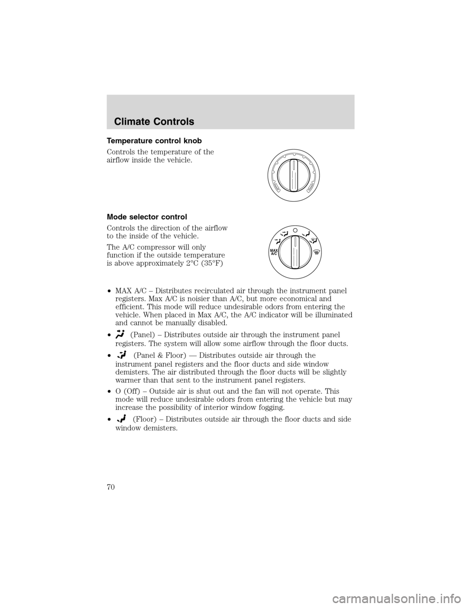 FORD EXPEDITION 2003 2.G Repair Manual Temperature control knob
Controls the temperature of the
airflow inside the vehicle.
Mode selector control
Controls the direction of the airflow
to the inside of the vehicle.
The A/C compressor will o FORD EXPEDITION 2003 2.G Repair Manual Temperature control knob
Controls the temperature of the
airflow inside the vehicle.
Mode selector control
Controls the direction of the airflow
to the inside of the vehicle.
The A/C compressor will o