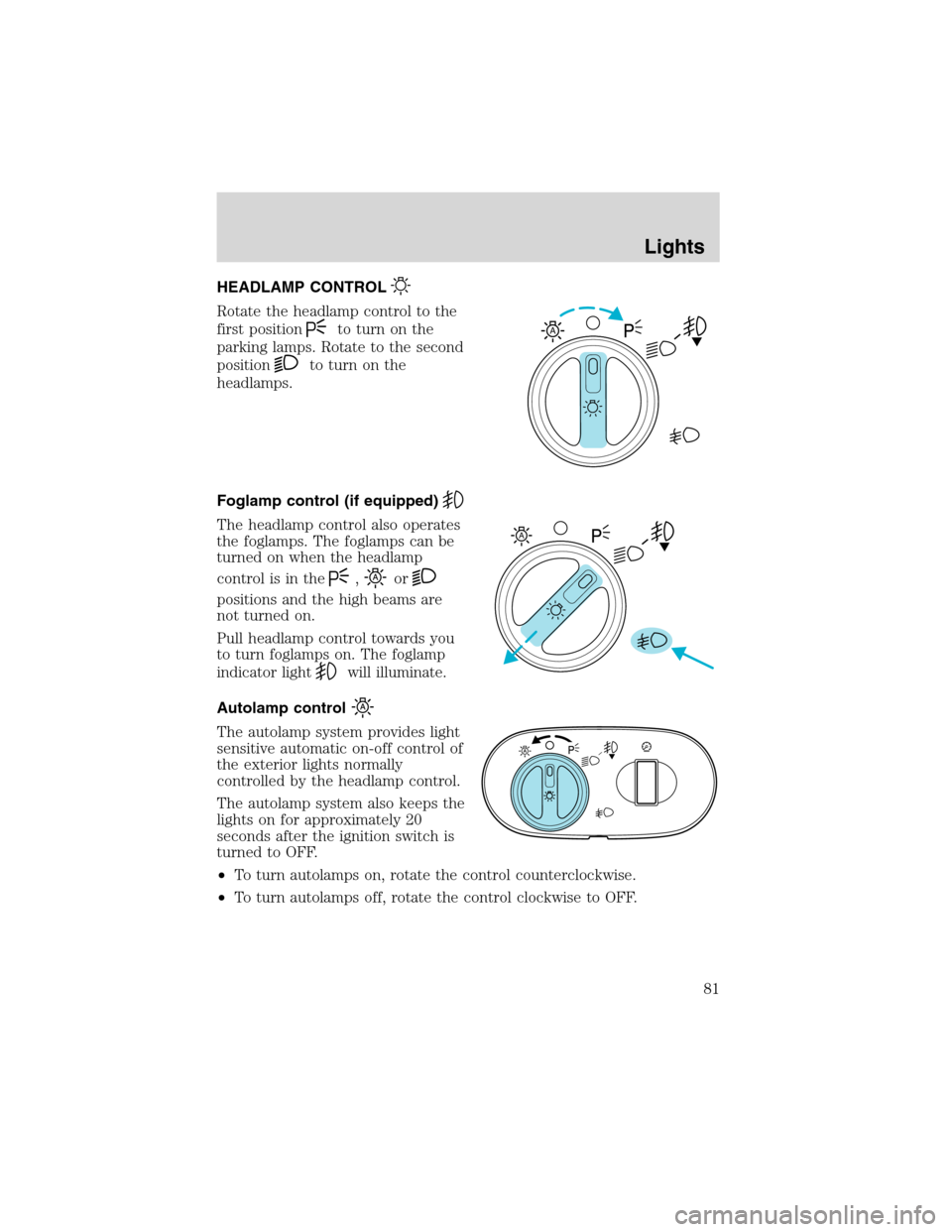 FORD EXPEDITION 2003 2.G Owners Manual HEADLAMP CONTROL
Rotate the headlamp control to the
first position
to turn on the
parking lamps. Rotate to the second
position
to turn on the
headlamps.
Foglamp control (if equipped)
The headlamp cont
