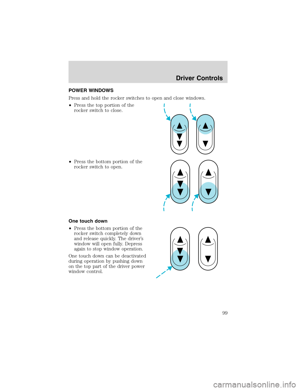 FORD EXPEDITION 2003 2.G Owners Manual POWER WINDOWS
Press and hold the rocker switches to open and close windows.
•Press the top portion of the
rocker switch to close.
•Press the bottom portion of the
rocker switch to open.
One touch 