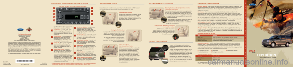 FORD EXPEDITION 2003 2.G Quick Reference Guide April 2003
Third Printing
Quick Reference2L1J-19G217-ACExpedition
Litho in U.S.A.
Fuel Tank Capacity– Your vehicle’s fuel tank can accommodate 28 gallons of gasoline. Your
vehicle is designed to u