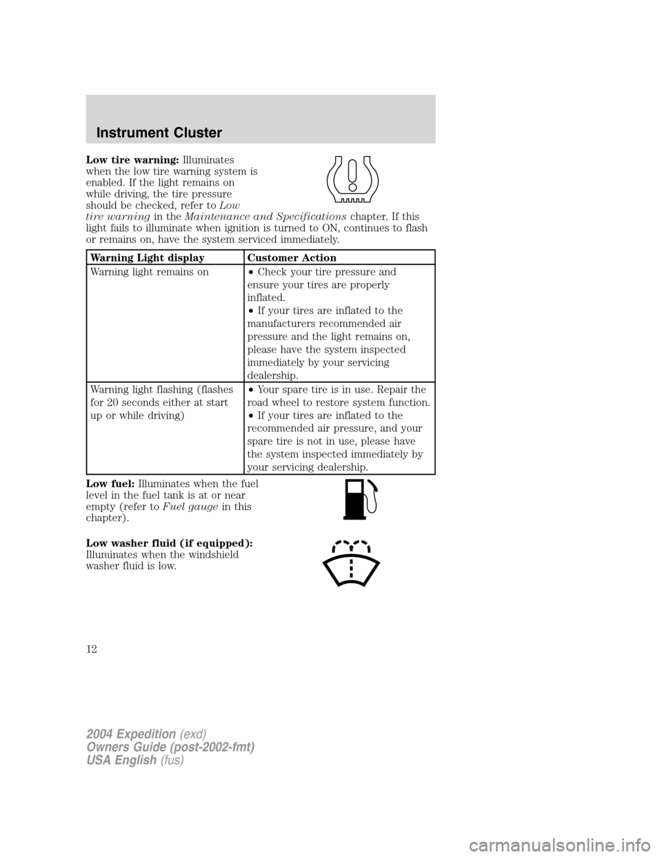 FORD EXPEDITION 2004 2.G User Guide Low tire warning:Illuminates
when the low tire warning system is
enabled. If the light remains on
while driving, the tire pressure
should be checked, refer toLow
tire warningin theMaintenance and Spec