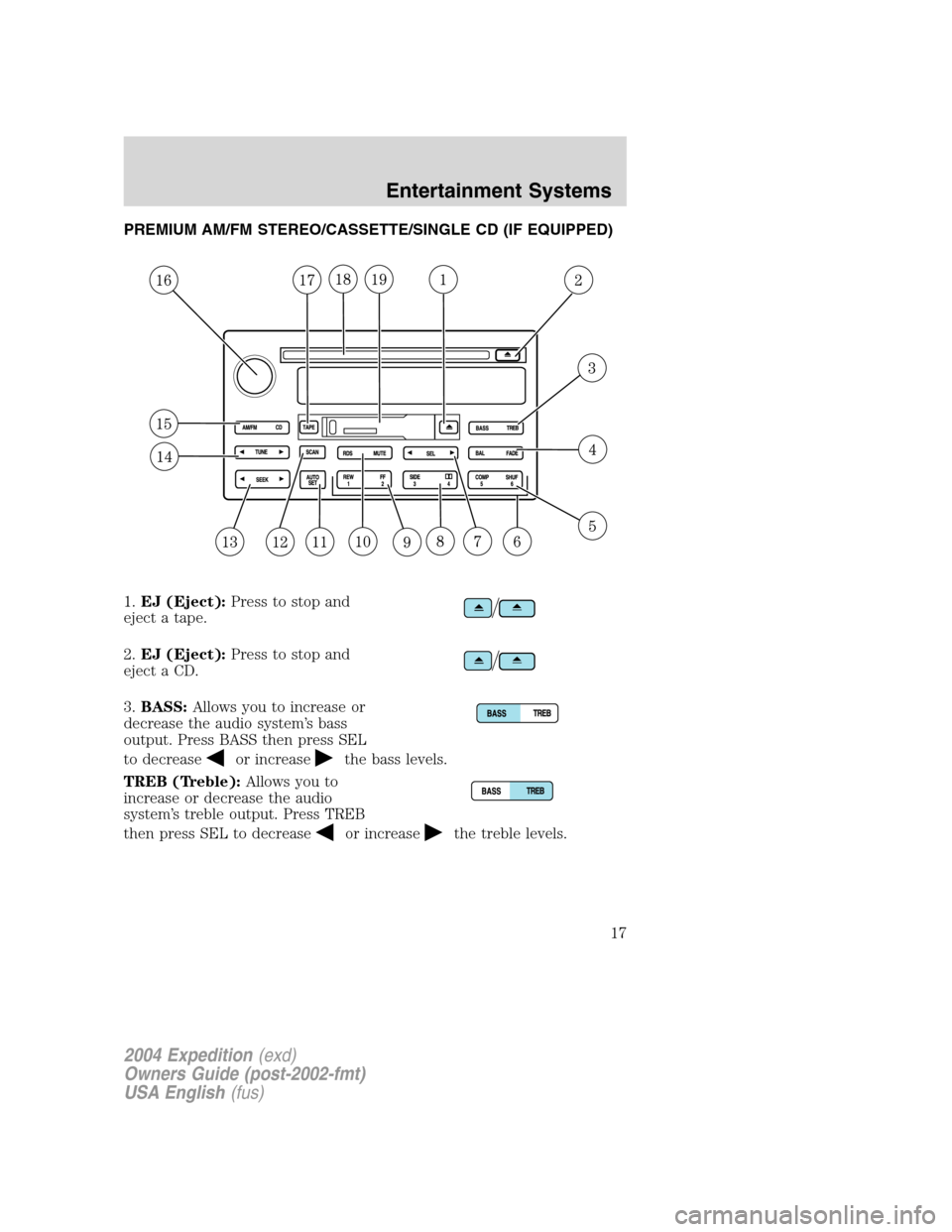 FORD EXPEDITION 2004 2.G User Guide PREMIUM AM/FM STEREO/CASSETTE/SINGLE CD (IF EQUIPPED)
1.EJ (Eject):Press to stop and
eject a tape.
2.EJ (Eject):Press to stop and
eject a CD.
3.BASS:Allows you to increase or
decrease the audio system