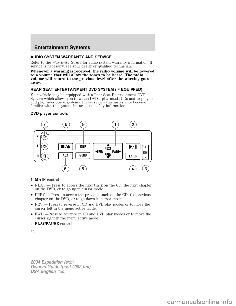 FORD EXPEDITION 2004 2.G Owners Guide AUDIO SYSTEM WARRANTY AND SERVICE
Refer to theWarranty Guidefor audio system warranty information. If
service is necessary, see your dealer or qualified technician.
Whenever a warning is received, the FORD EXPEDITION 2004 2.G Owners Guide AUDIO SYSTEM WARRANTY AND SERVICE
Refer to theWarranty Guidefor audio system warranty information. If
service is necessary, see your dealer or qualified technician.
Whenever a warning is received, the