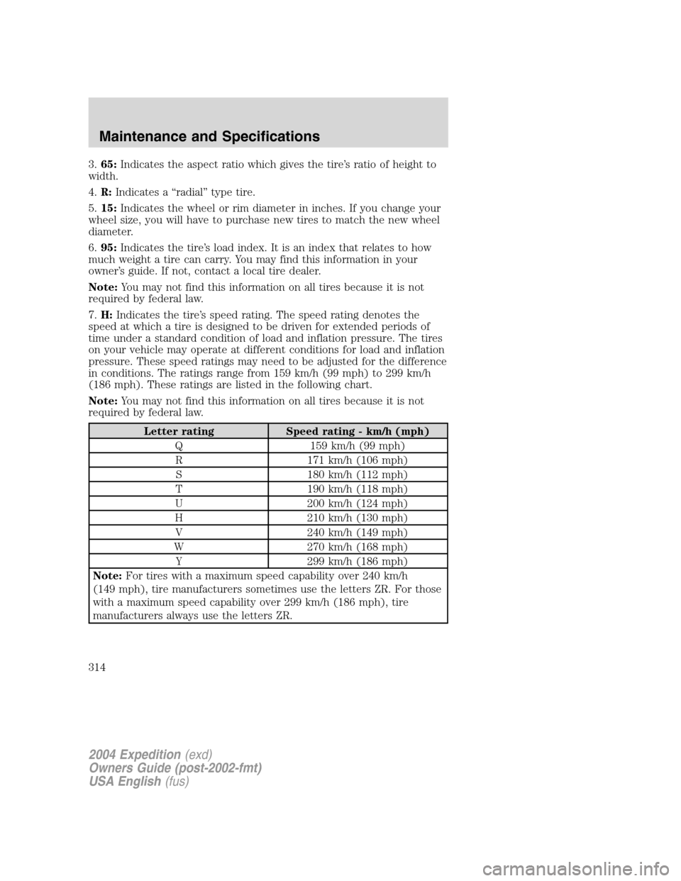 FORD EXPEDITION 2004 2.G Owners Manual 3.65:Indicates the aspect ratio which gives the tire’s ratio of height to
width.
4.R:Indicates a“radial”type tire.
5.15:Indicates the wheel or rim diameter in inches. If you change your
wheel si FORD EXPEDITION 2004 2.G Owners Manual 3.65:Indicates the aspect ratio which gives the tire’s ratio of height to
width.
4.R:Indicates a“radial”type tire.
5.15:Indicates the wheel or rim diameter in inches. If you change your
wheel si