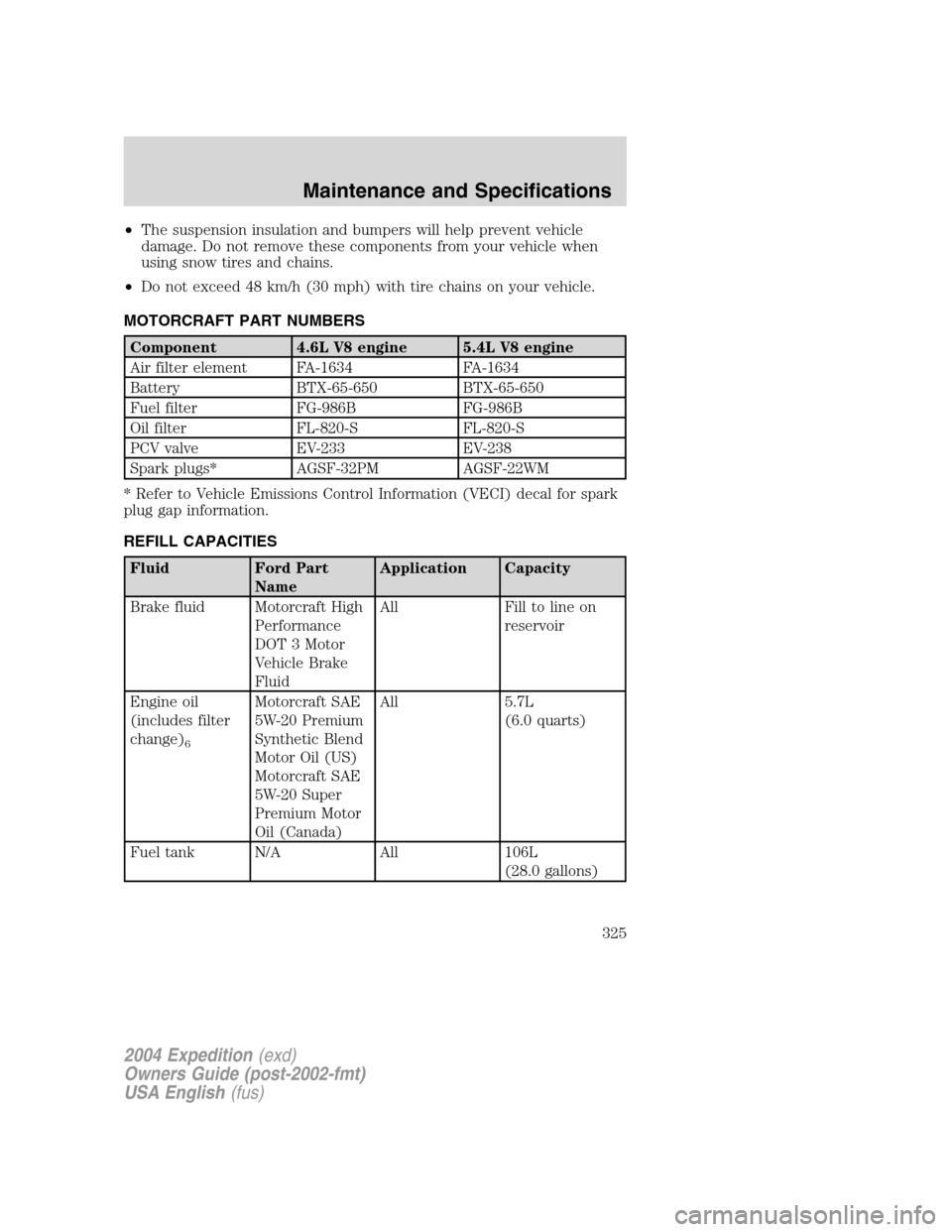 FORD EXPEDITION 2004 2.G Owners Manual •The suspension insulation and bumpers will help prevent vehicle
damage. Do not remove these components from your vehicle when
using snow tires and chains.
•Do not exceed 48 km/h (30 mph) with tir