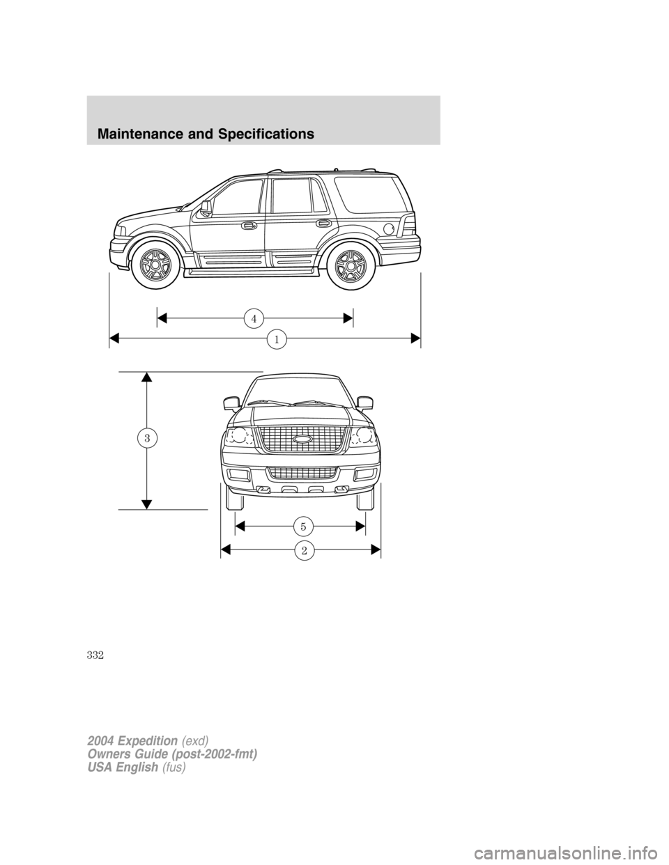 FORD EXPEDITION 2004 2.G Owners Manual 1
4
2004 Expedition(exd)
Owners Guide (post-2002-fmt)
USA English(fus)
Maintenance and Specifications
332 FORD EXPEDITION 2004 2.G Owners Manual 1
4
2004 Expedition(exd)
Owners Guide (post-2002-fmt)
USA English(fus)
Maintenance and Specifications
332