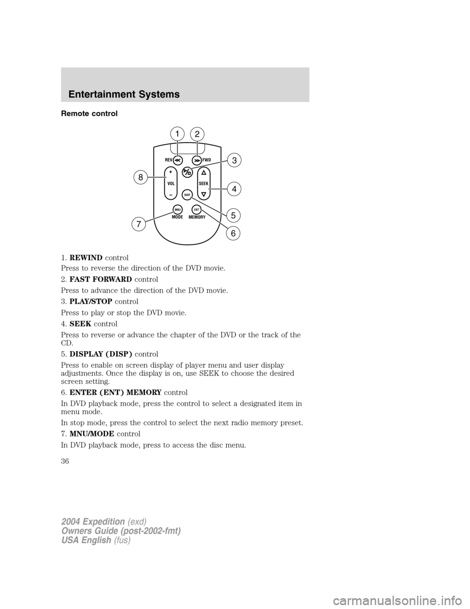 FORD EXPEDITION 2004 2.G Owners Guide Remote control
1.REWINDcontrol
Press to reverse the direction of the DVD movie.
2.FAST FORWARDcontrol
Press to advance the direction of the DVD movie.
3.PLAY/STOPcontrol
Press to play or stop the DVD 