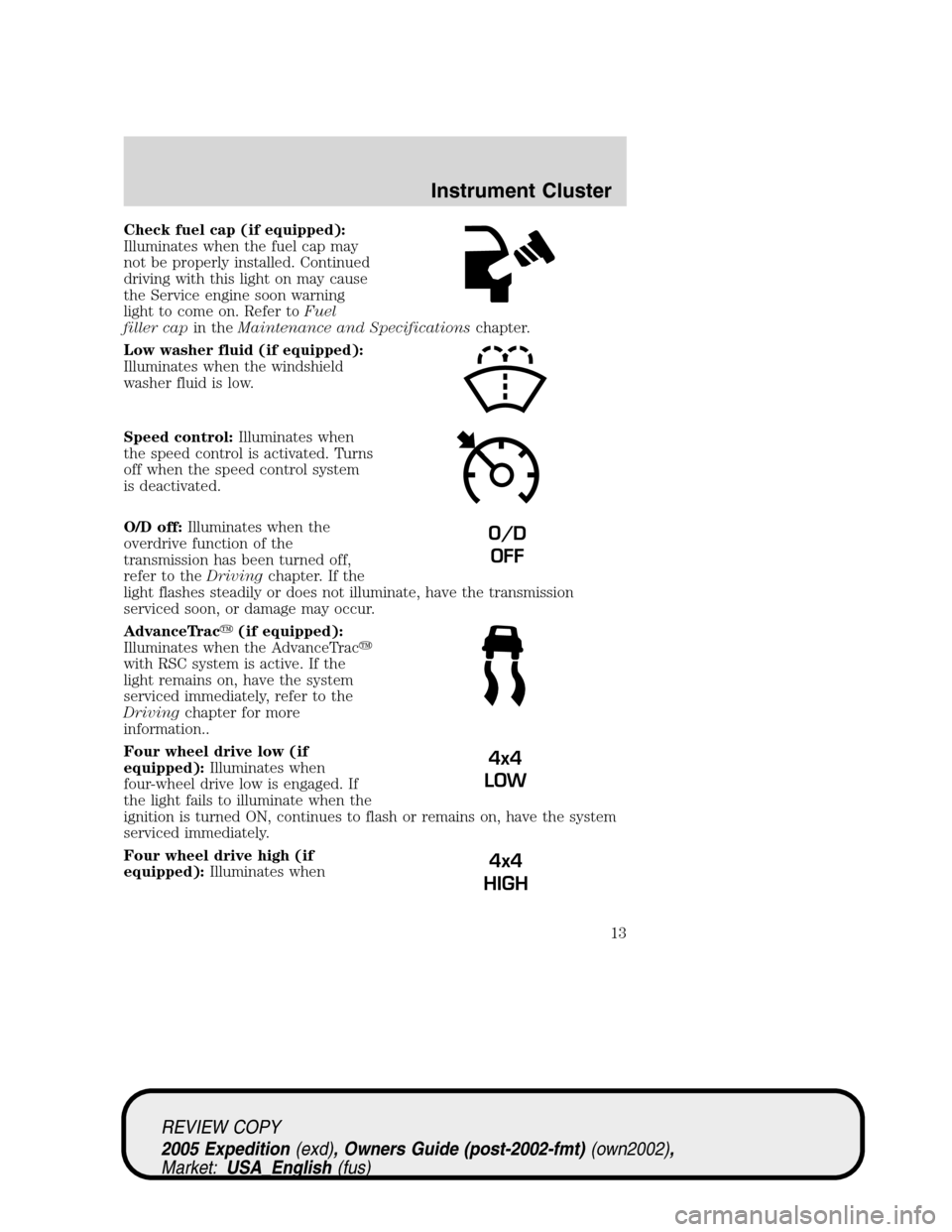 FORD EXPEDITION 2005 2.G User Guide Check fuel cap (if equipped):
Illuminates when the fuel cap may
not be properly installed. Continued
driving with this light on may cause
the Service engine soon warning
light to come on. Refer toFuel