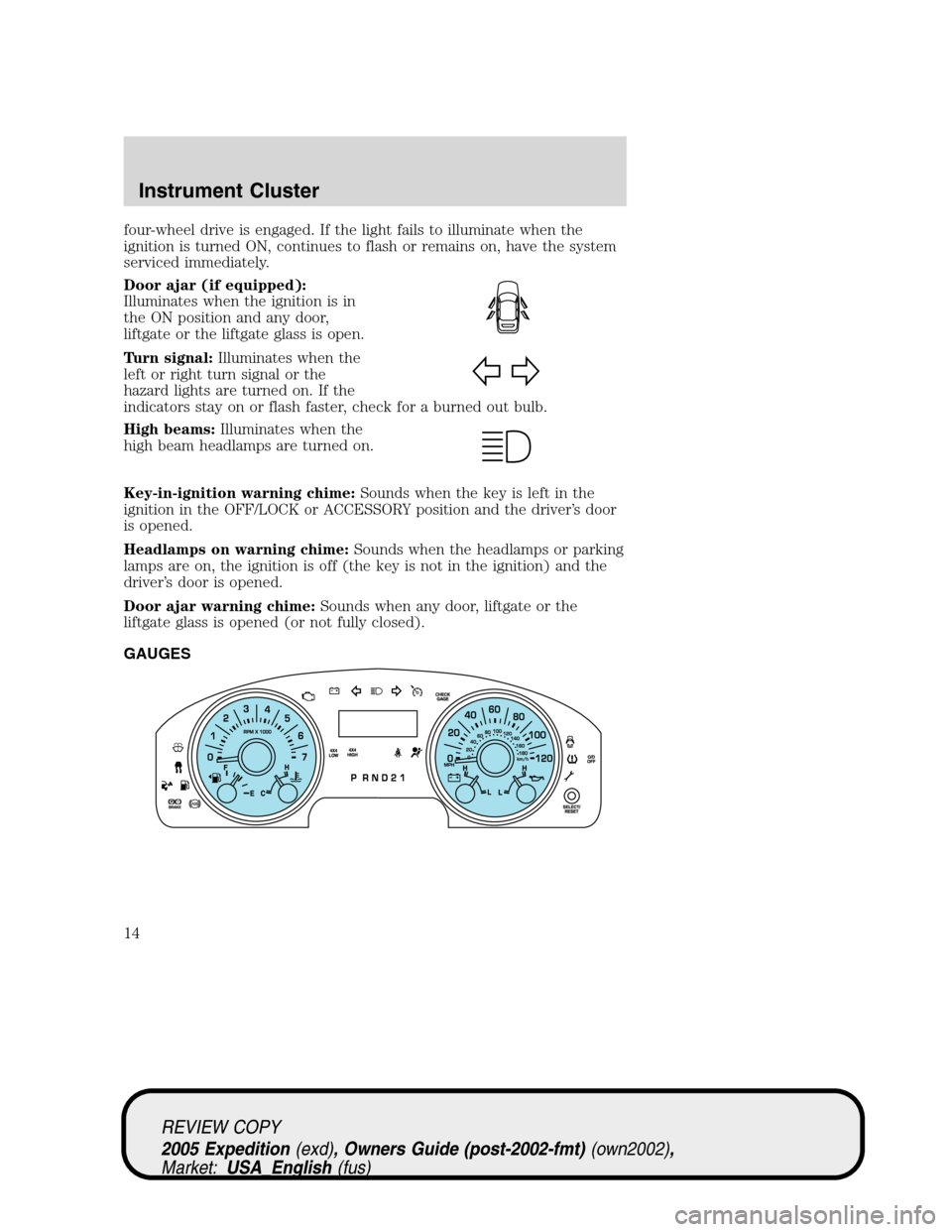 FORD EXPEDITION 2005 2.G User Guide four-wheel drive is engaged. If the light fails to illuminate when the
ignition is turned ON, continues to flash or remains on, have the system
serviced immediately.
Door ajar (if equipped):
Illuminat