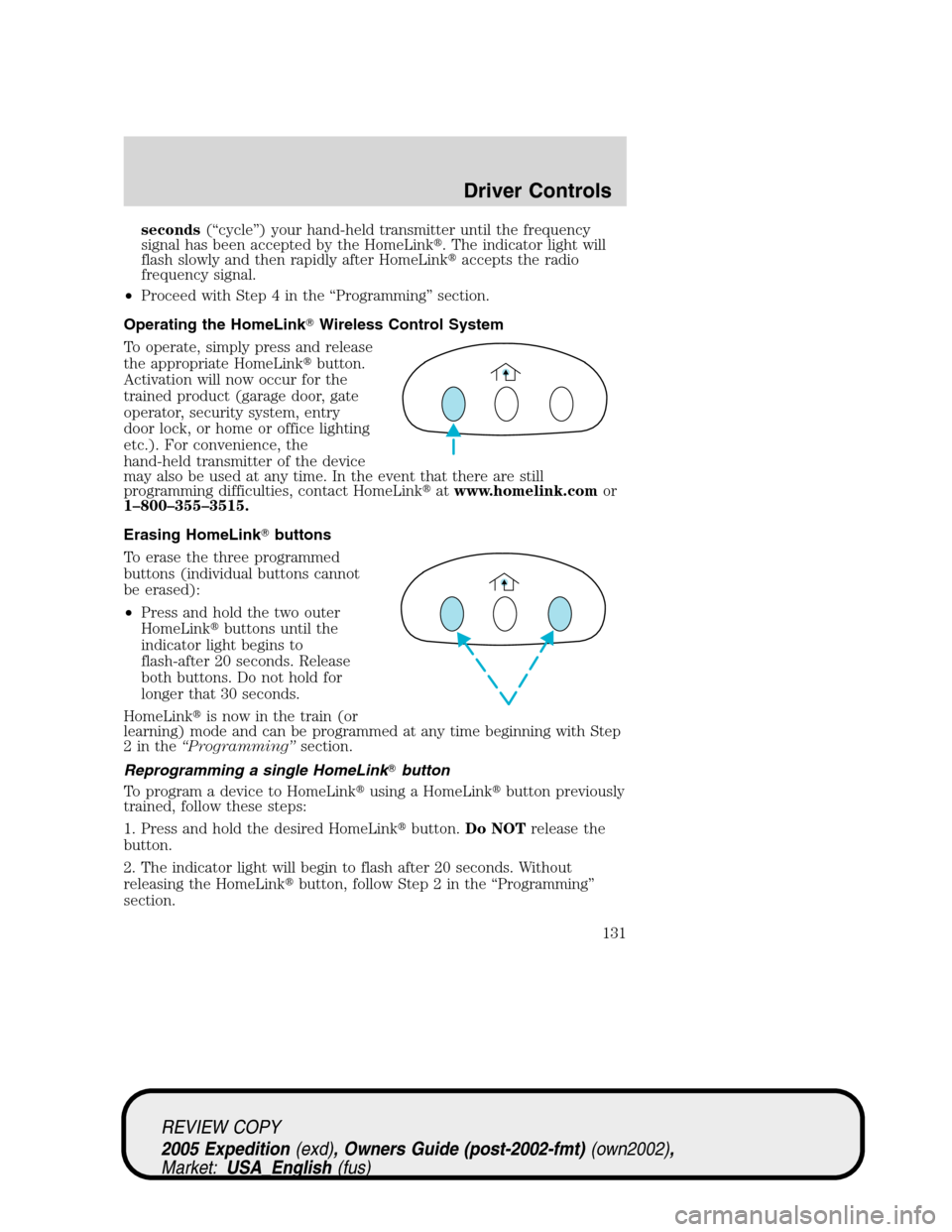 FORD EXPEDITION 2005 2.G Owners Manual seconds(“cycle”) your hand-held transmitter until the frequency
signal has been accepted by the HomeLink. The indicator light will
flash slowly and then rapidly after HomeLinkaccepts the radio
f