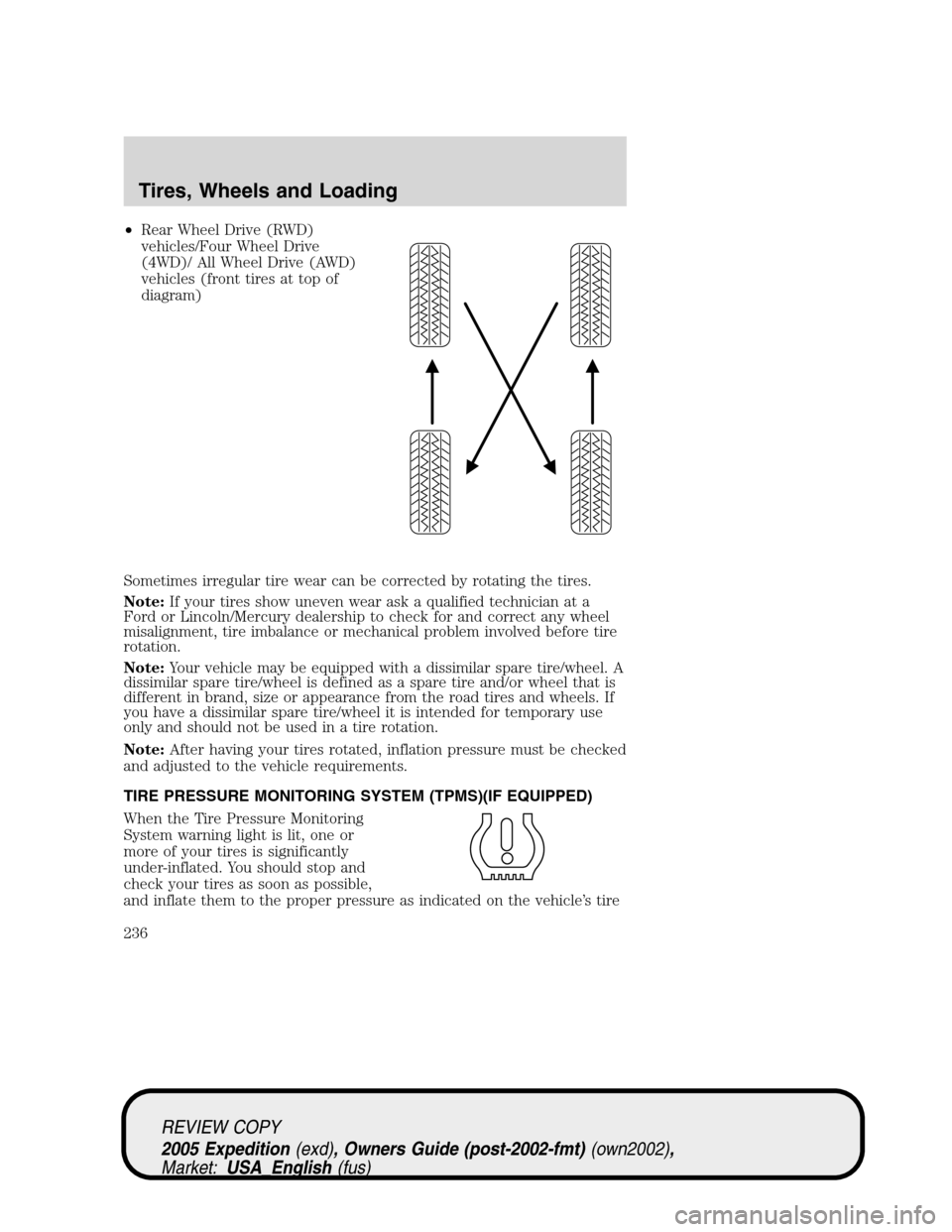 FORD EXPEDITION 2005 2.G User Guide •Rear Wheel Drive (RWD)
vehicles/Four Wheel Drive
(4WD)/ All Wheel Drive (AWD)
vehicles (front tires at top of
diagram)
Sometimes irregular tire wear can be corrected by rotating the tires.
Note:If 