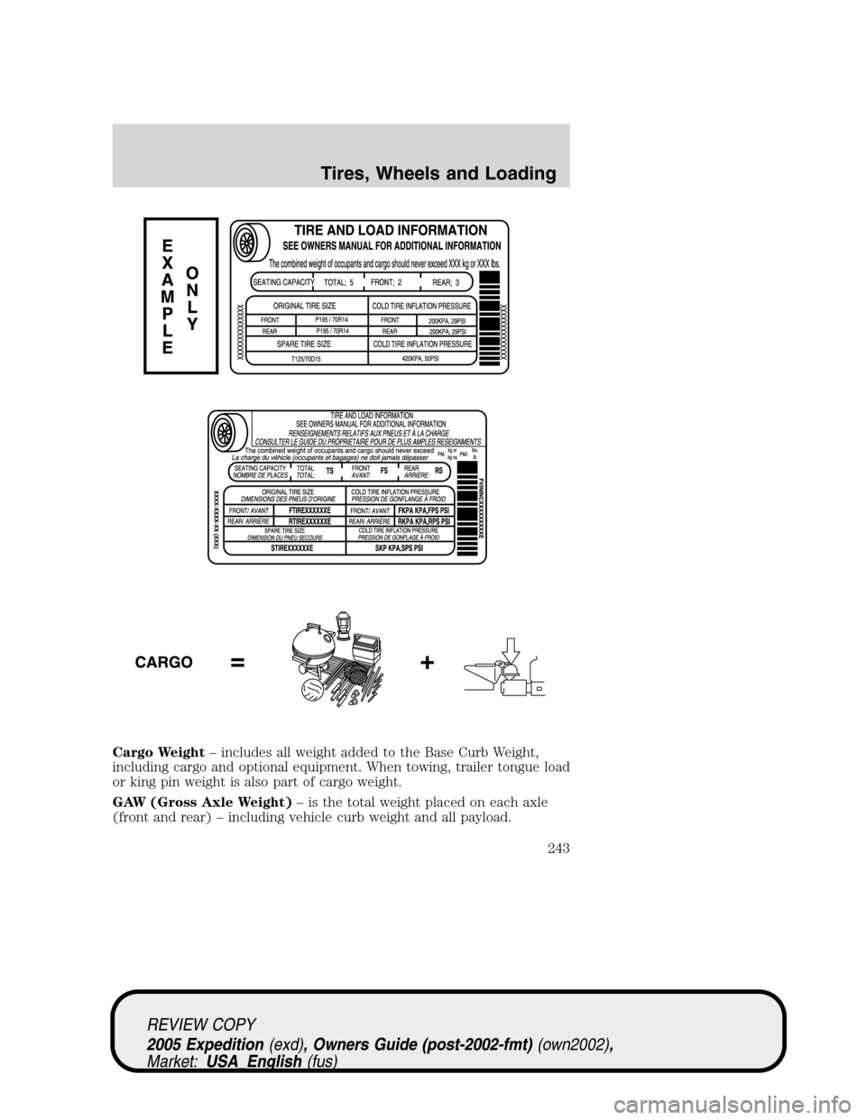 FORD EXPEDITION 2005 2.G Owners Manual Cargo Weight– includes all weight added to the Base Curb Weight,
including cargo and optional equipment. When towing, trailer tongue load
or king pin weight is also part of cargo weight.
GAW (Gross 