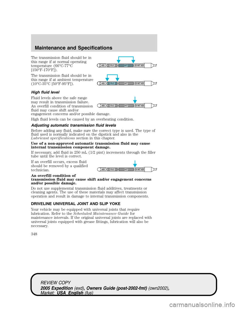 FORD EXPEDITION 2005 2.G Owners Manual The transmission fluid should be in
this range if at normal operating
temperature (66°C-77°C
[150°F-170°F]).
The transmission fluid should be in
this range if at ambient temperature
(10°C-35°C [