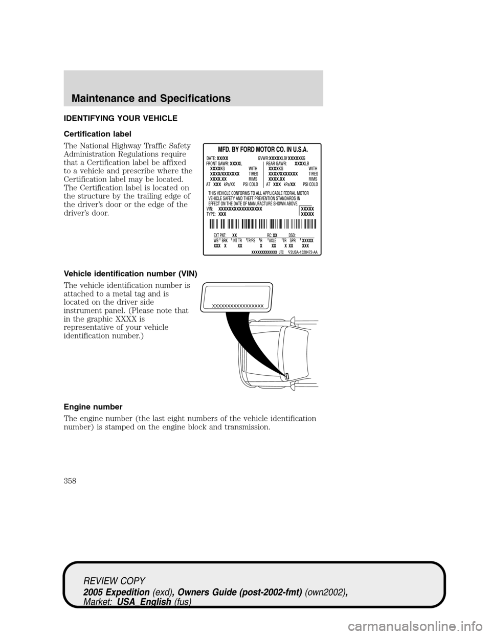 FORD EXPEDITION 2005 2.G Owners Manual IDENTIFYING YOUR VEHICLE
Certification label
The National Highway Traffic Safety
Administration Regulations require
that a Certification label be affixed
to a vehicle and prescribe where the
Certifica