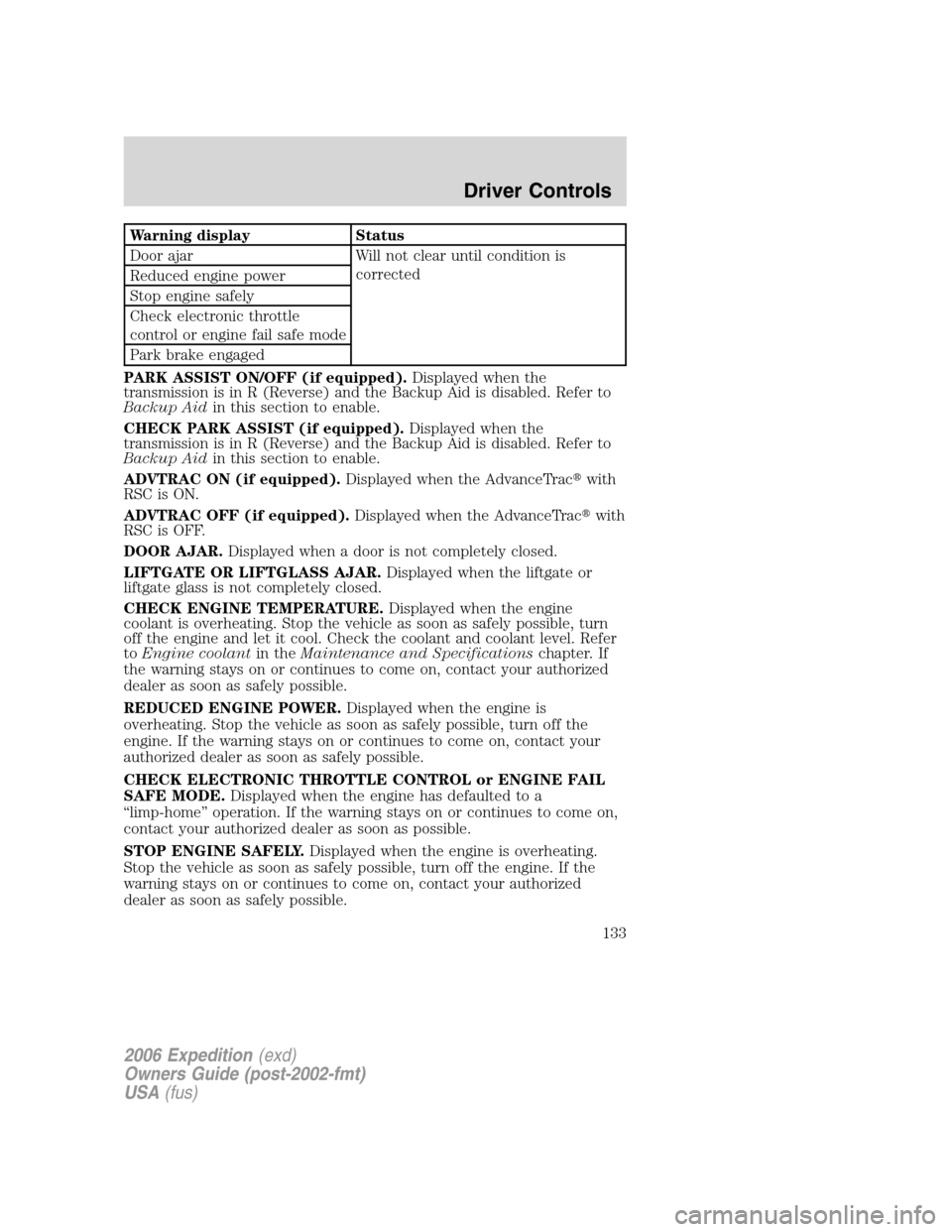 FORD EXPEDITION 2006 2.G Owners Manual Warning display Status
Door ajar Will not clear until condition is
corrected
Reduced engine power
Stop engine safely
Check electronic throttle
control or engine fail safe mode
Park brake engaged
PARK 