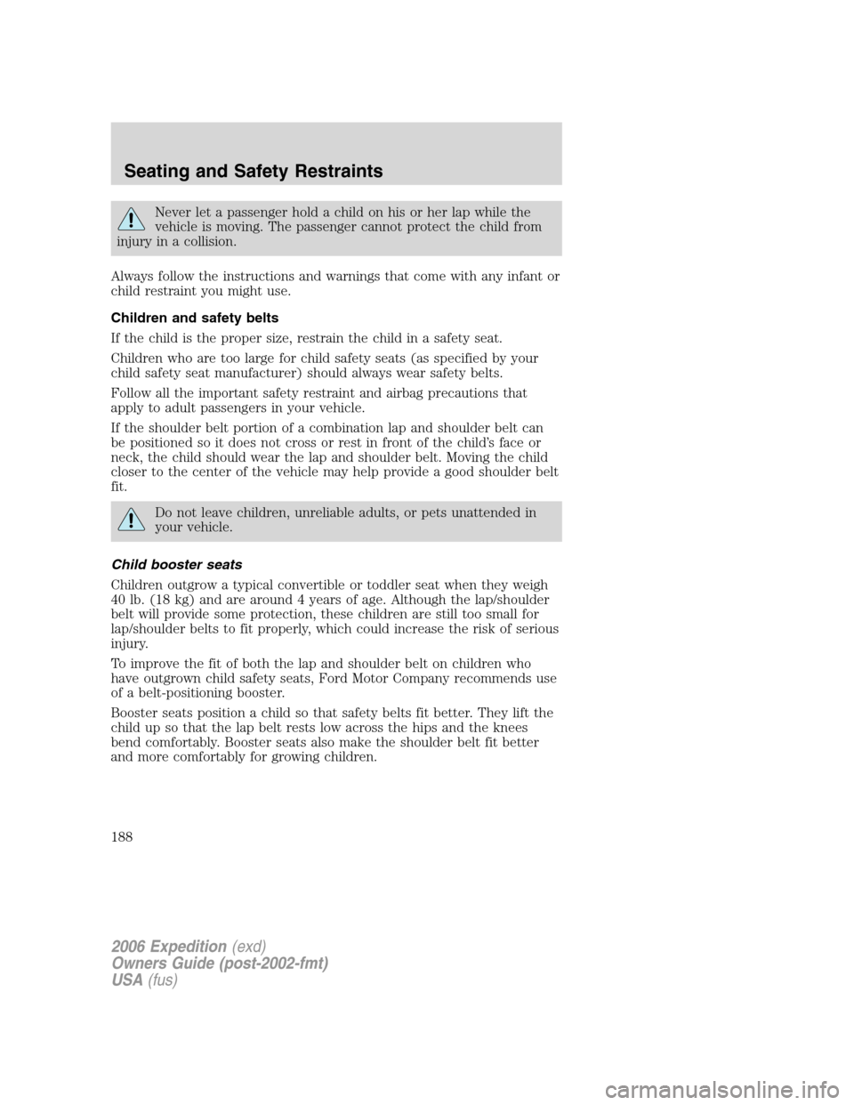 FORD EXPEDITION 2006 2.G Owners Manual Never let a passenger hold a child on his or her lap while the
vehicle is moving. The passenger cannot protect the child from
injury in a collision.
Always follow the instructions and warnings that co