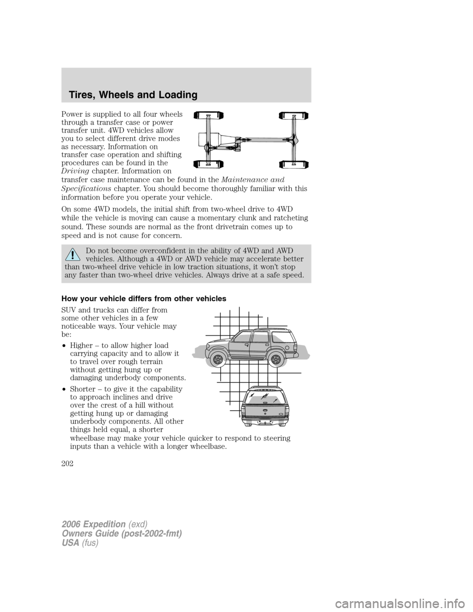 FORD EXPEDITION 2006 2.G Owners Manual Power is supplied to all four wheels
through a transfer case or power
transfer unit. 4WD vehicles allow
you to select different drive modes
as necessary. Information on
transfer case operation and shi