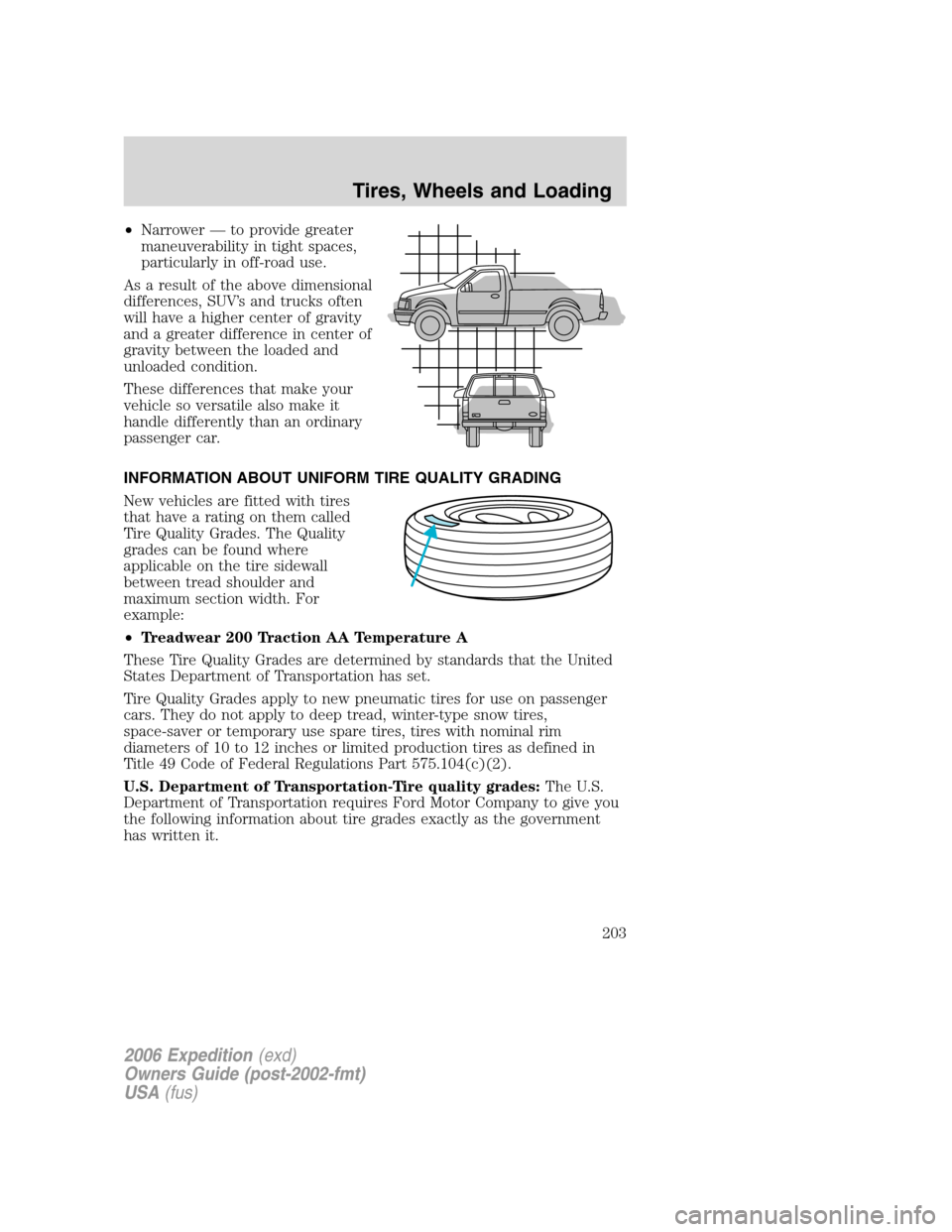 FORD EXPEDITION 2006 2.G Owners Manual •Narrower — to provide greater
maneuverability in tight spaces,
particularly in off-road use.
As a result of the above dimensional
differences, SUV’s and trucks often
will have a higher center o