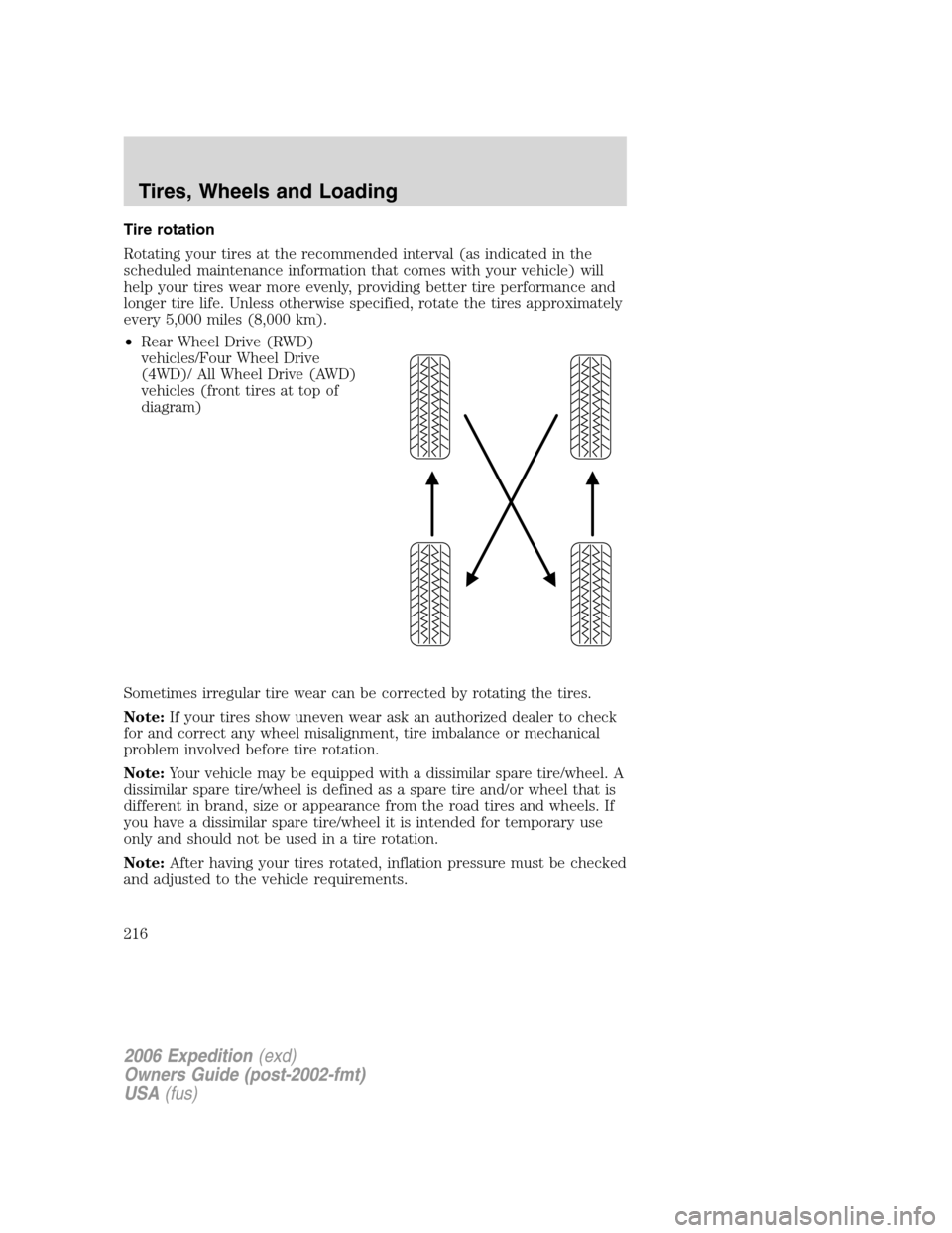FORD EXPEDITION 2006 2.G Owners Manual Tire rotation
Rotating your tires at the recommended interval (as indicated in the
scheduled maintenance information that comes with your vehicle) will
help your tires wear more evenly, providing bett
