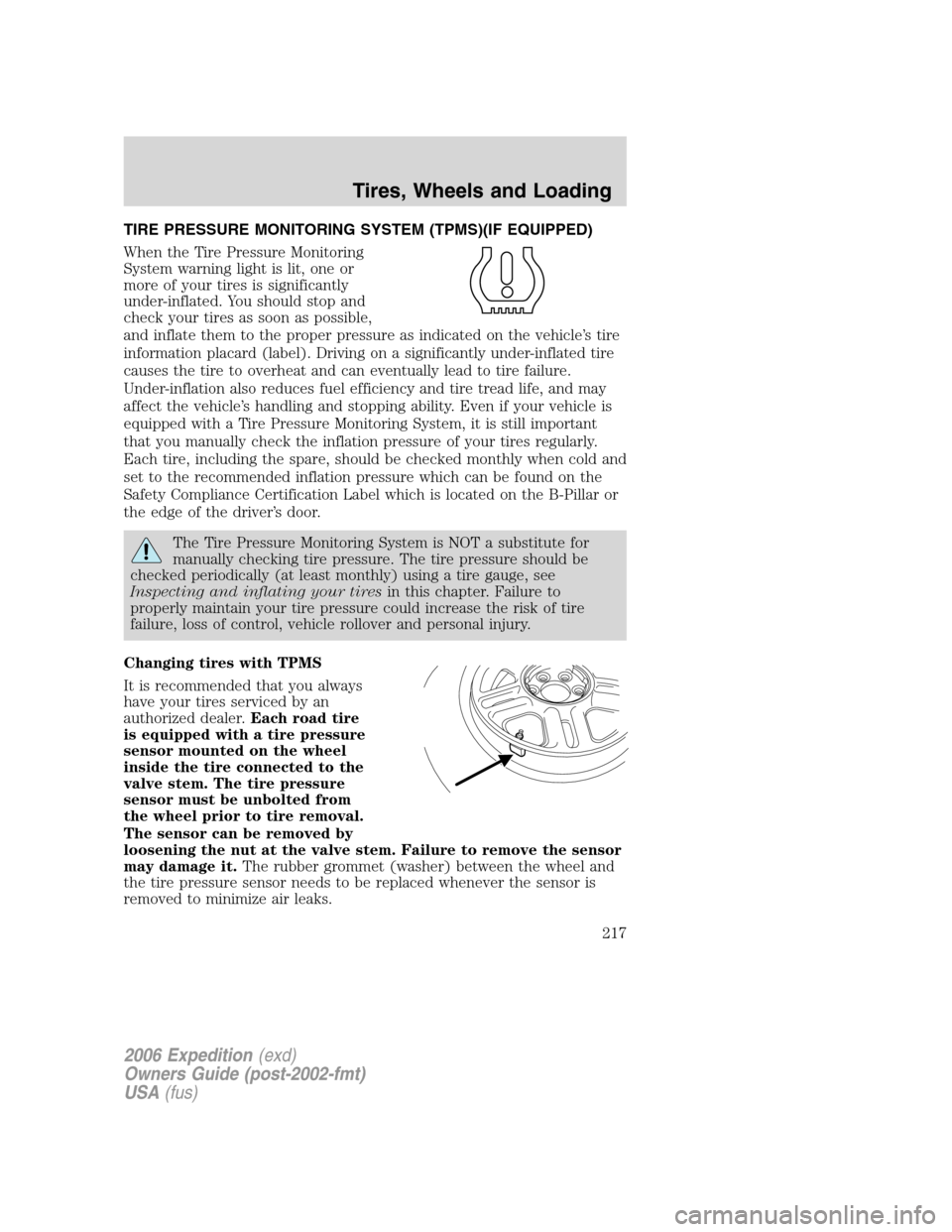 FORD EXPEDITION 2006 2.G Owners Manual TIRE PRESSURE MONITORING SYSTEM (TPMS)(IF EQUIPPED)
When the Tire Pressure Monitoring
System warning light is lit, one or
more of your tires is significantly
under-inflated. You should stop and
check 