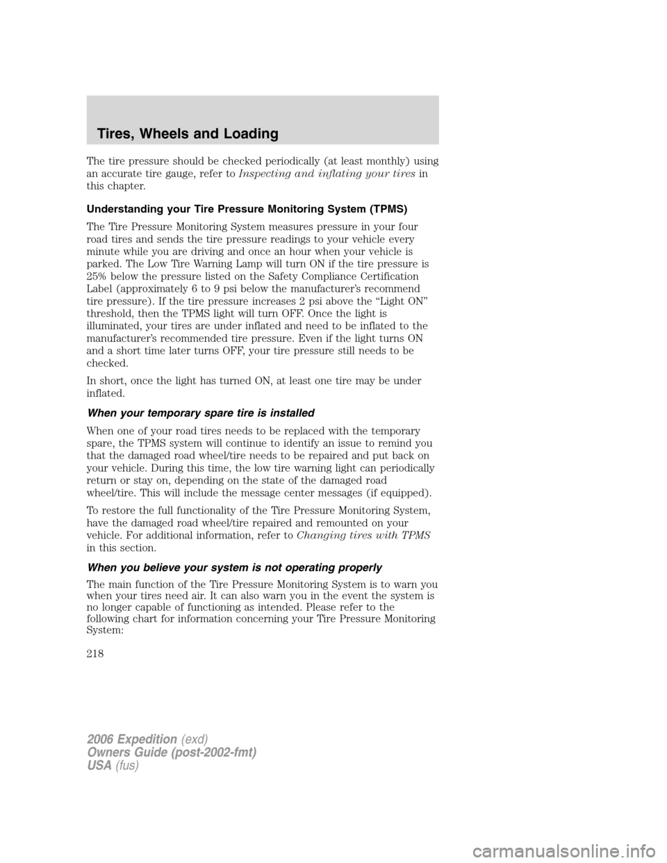 FORD EXPEDITION 2006 2.G Owners Manual The tire pressure should be checked periodically (at least monthly) using
an accurate tire gauge, refer toInspecting and inflating your tiresin
this chapter.
Understanding your Tire Pressure Monitorin FORD EXPEDITION 2006 2.G Owners Manual The tire pressure should be checked periodically (at least monthly) using
an accurate tire gauge, refer toInspecting and inflating your tiresin
this chapter.
Understanding your Tire Pressure Monitorin