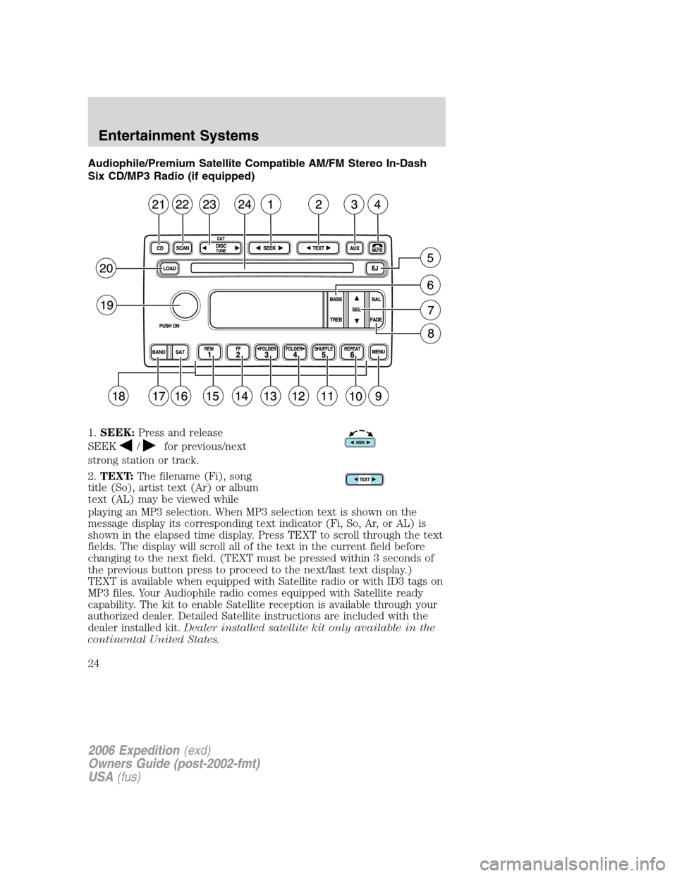 FORD EXPEDITION 2006 2.G Owners Manual Audiophile/Premium Satellite Compatible AM/FM Stereo In-Dash
Six CD/MP3 Radio (if equipped)
1.SEEK:Press and release
SEEK
/for previous/next
strong station or track.
2.TEXT:The filename (Fi), song
tit